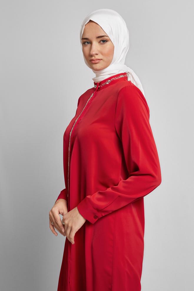Hijab-Kleidung ROT TUNIKA MIT EDELSTEINDETAILS 45619 - ALVİNA