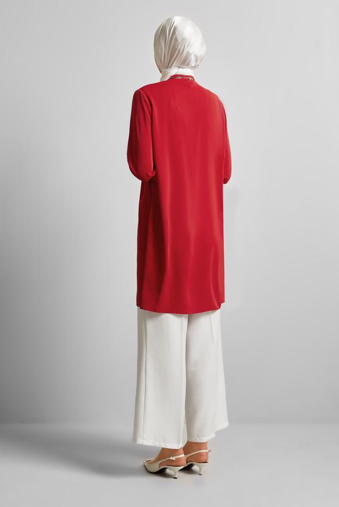 Hijab-Kleidung ROT TUNIKA MIT EDELSTEINDETAILS 45619 - ALVİNA
