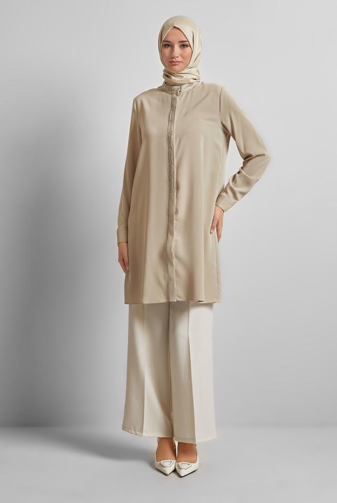 Hijab-Kleidung BEIGE TUNIKA MIT EDELSTEINDETAILS 45619 - ALVİNA