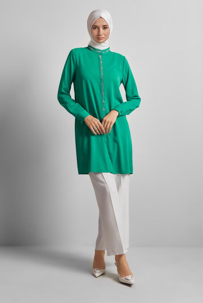 Hijab-Kleidung BLAU TUNIKA MIT EDELSTEINDETAILS 45619 - ALVİNA