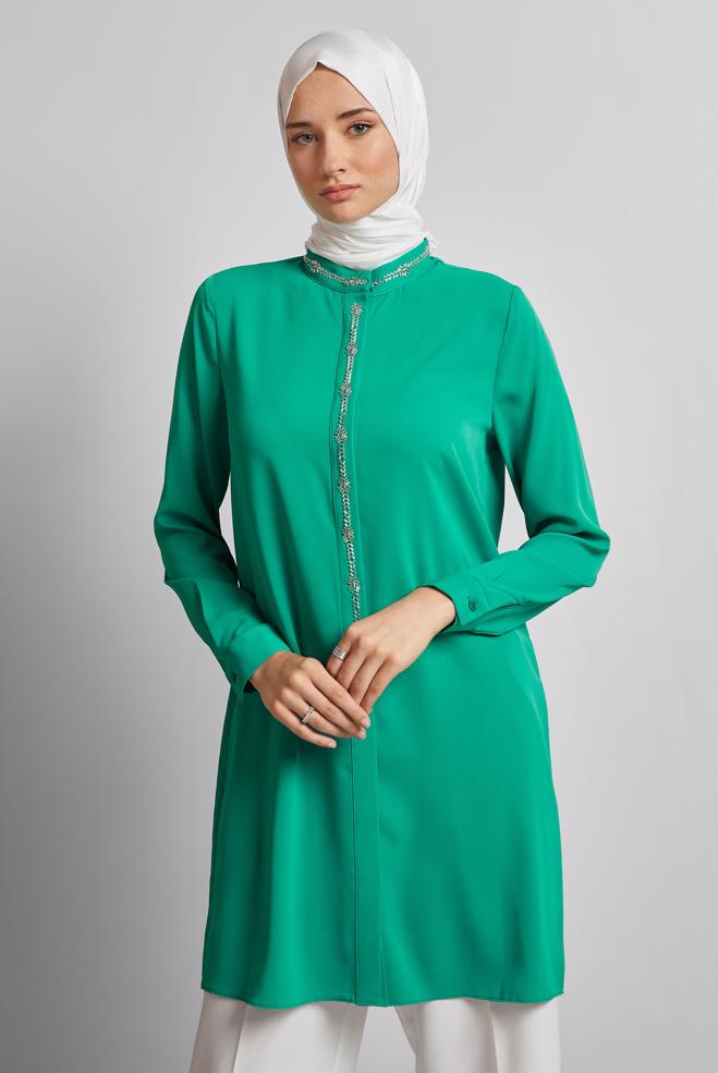 Hijab-Kleidung BLAU TUNIKA MIT EDELSTEINDETAILS 45619 - ALVİNA