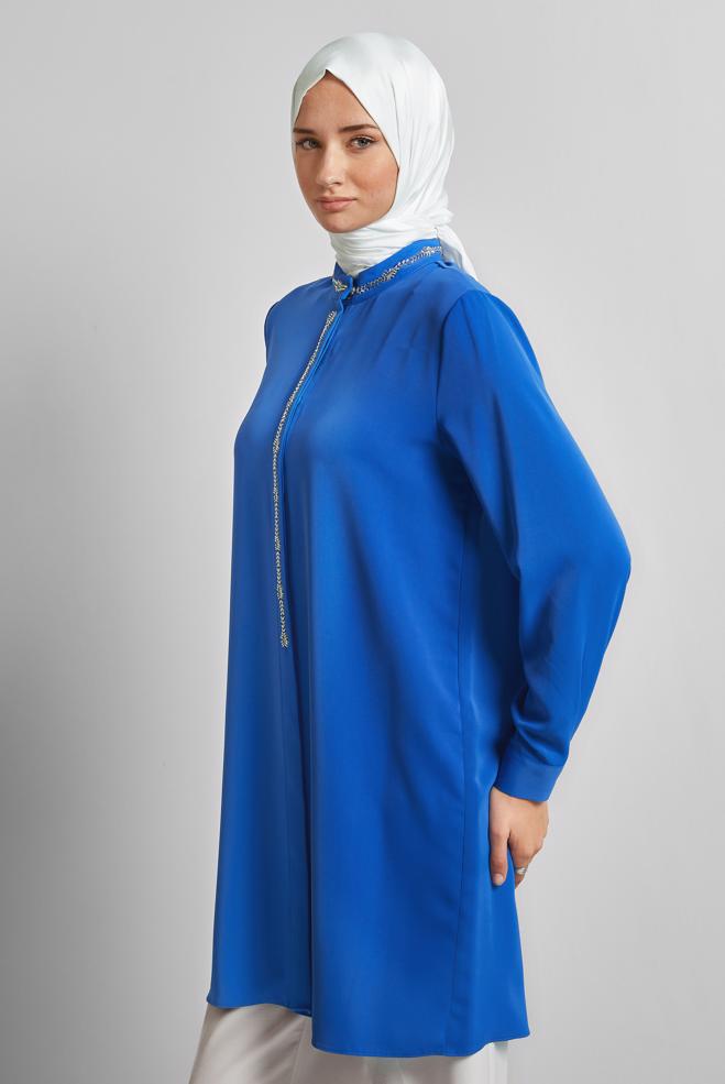 Hijab-Kleidung NAVY BLAU TUNIKA MIT EDELSTEINDETAILS 45619 - ALVİNA