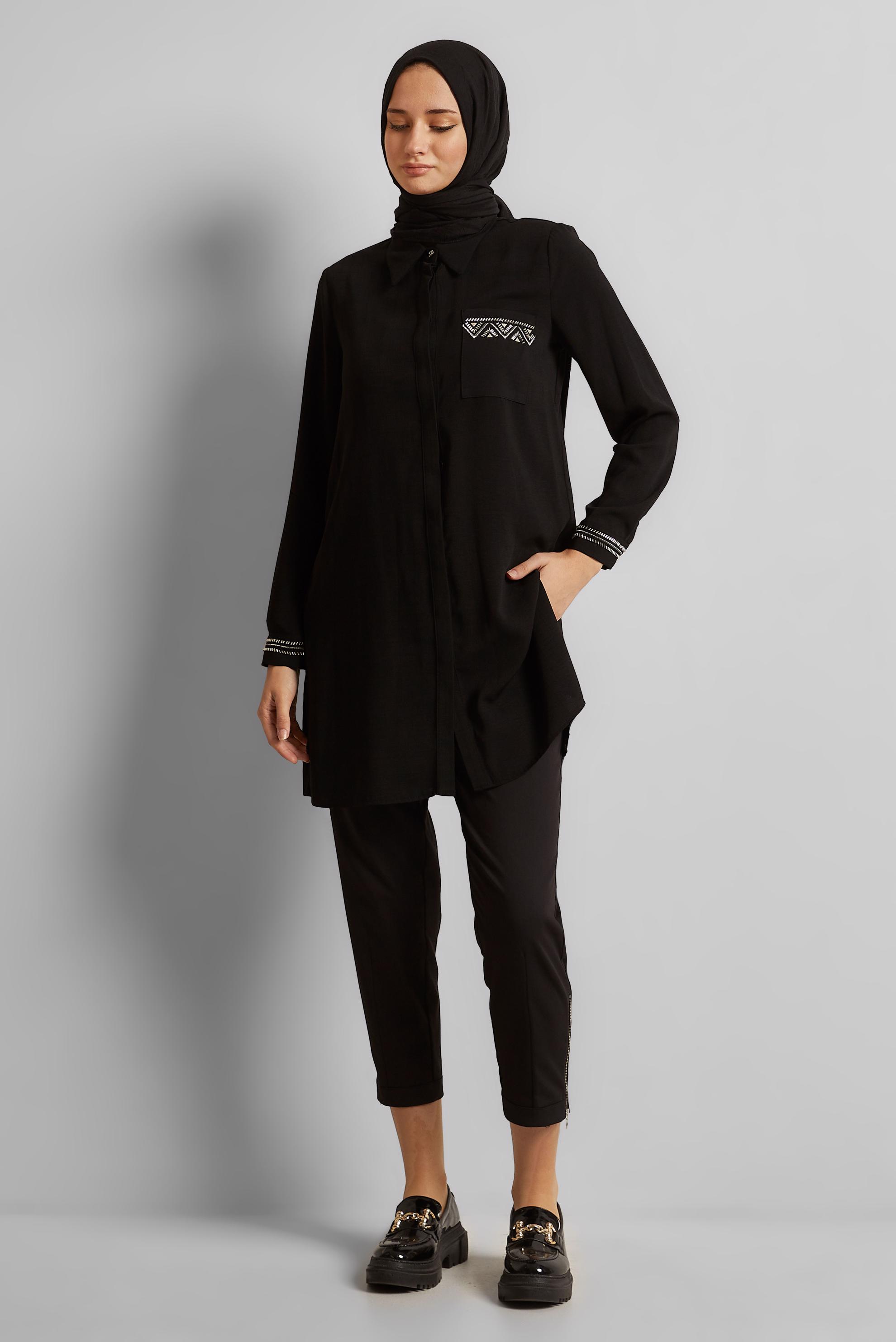 Tesettür giyim SİYAH KETEN GÖRÜNÜMLÜ TUNİK 45621