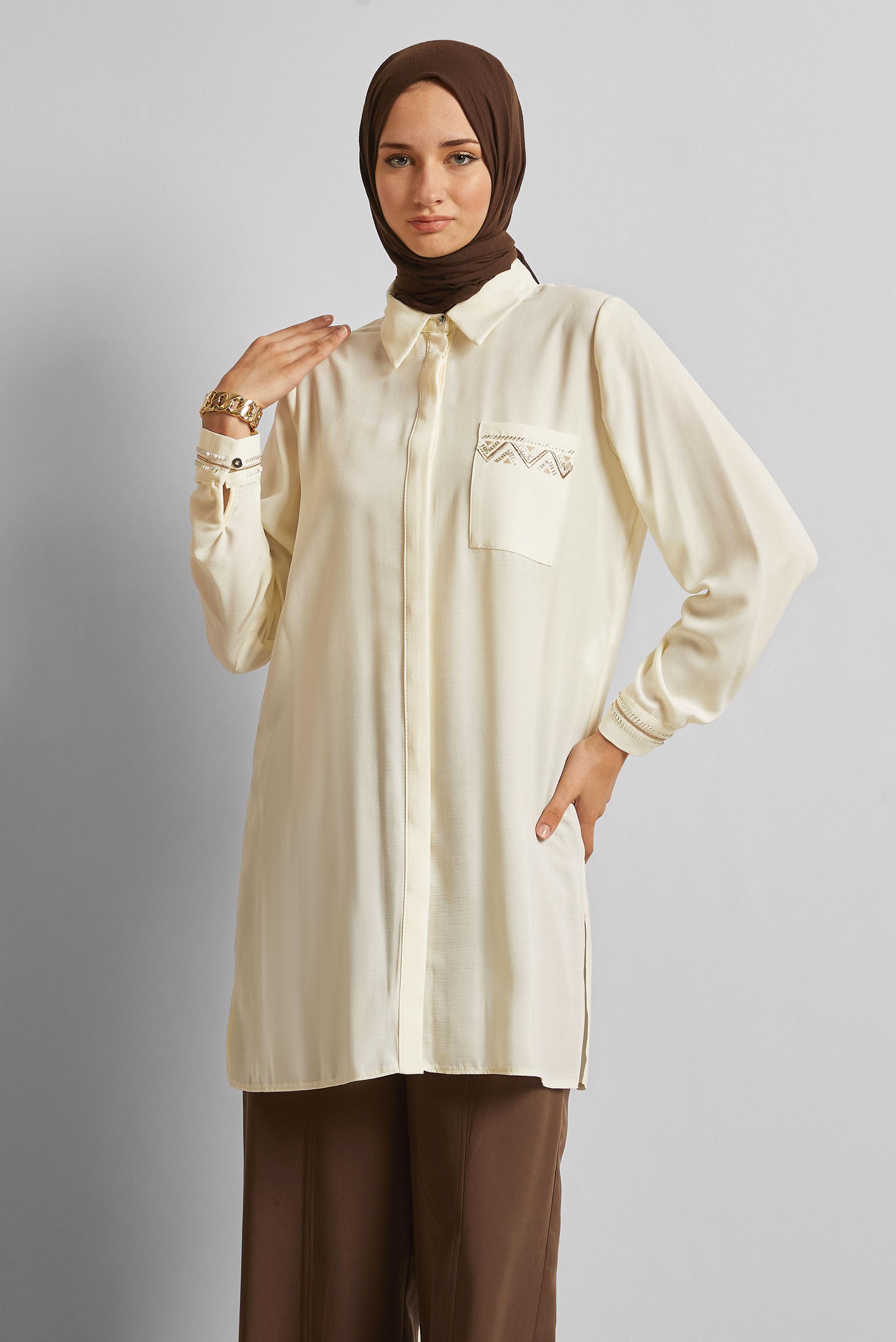 Tesettür giyim BEYAZ KETEN GÖRÜNÜMLÜ TUNİK 45621