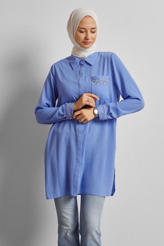 Vêtements hijab BLEU TUNIQUE ASPECT LIN 45621 - ALVİNA