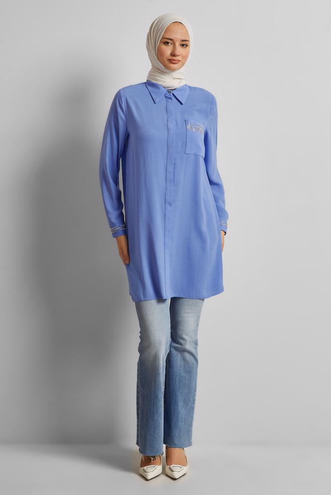 Vêtements hijab BLEU TUNIQUE ASPECT LIN 45621 - ALVİNA