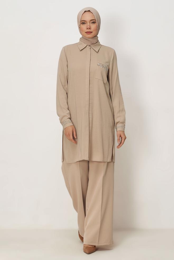 Vêtements hijab BEIGE TUNIQUE ASPECT LIN 45621 - ALVİNA