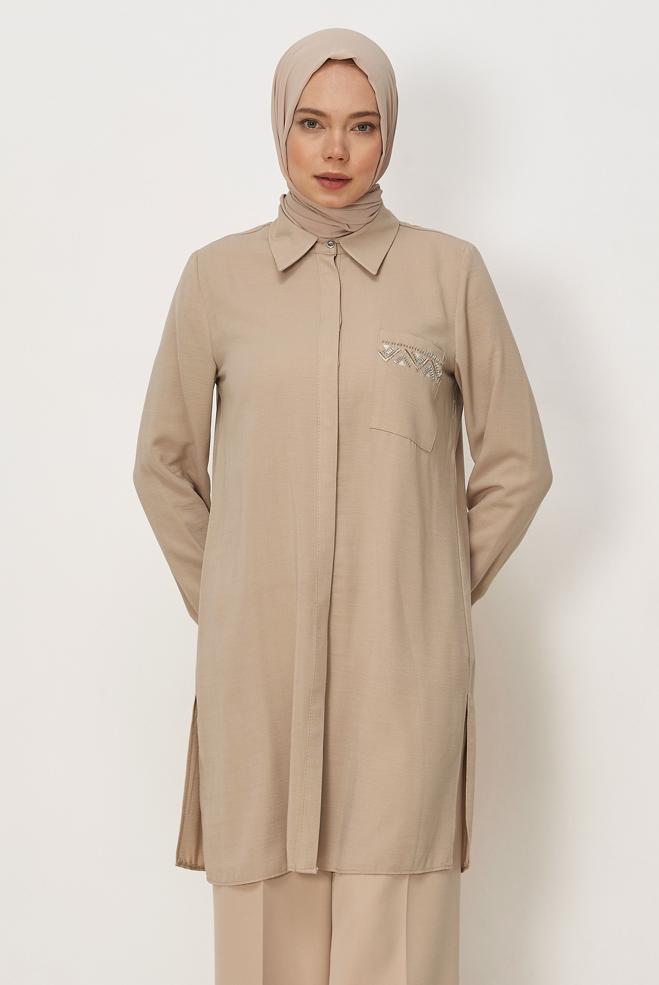 Vêtements hijab BEIGE TUNIQUE ASPECT LIN 45621 - ALVİNA