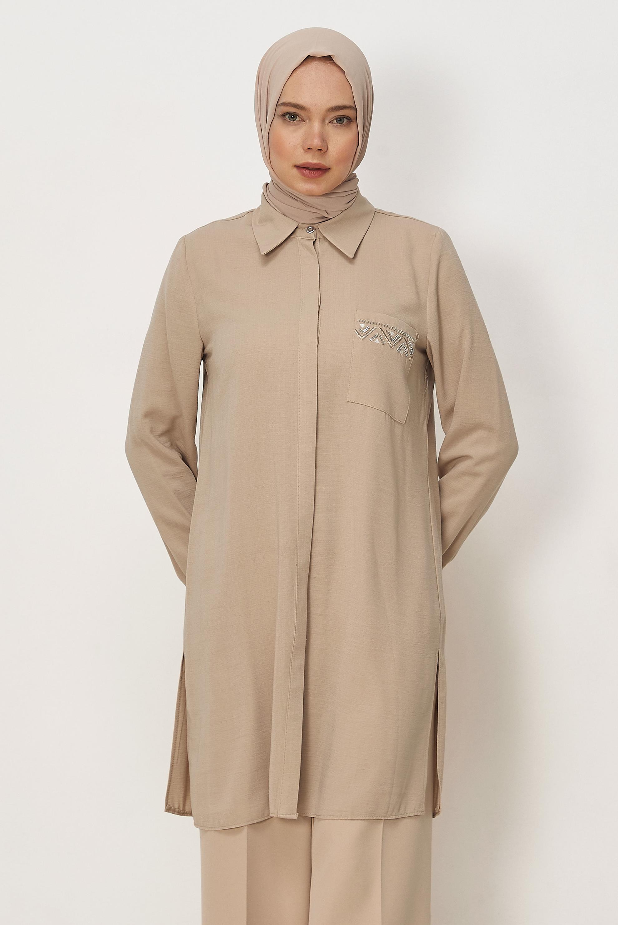 Vêtements hijab BEIGE TUNIQUE ASPECT LIN 45621