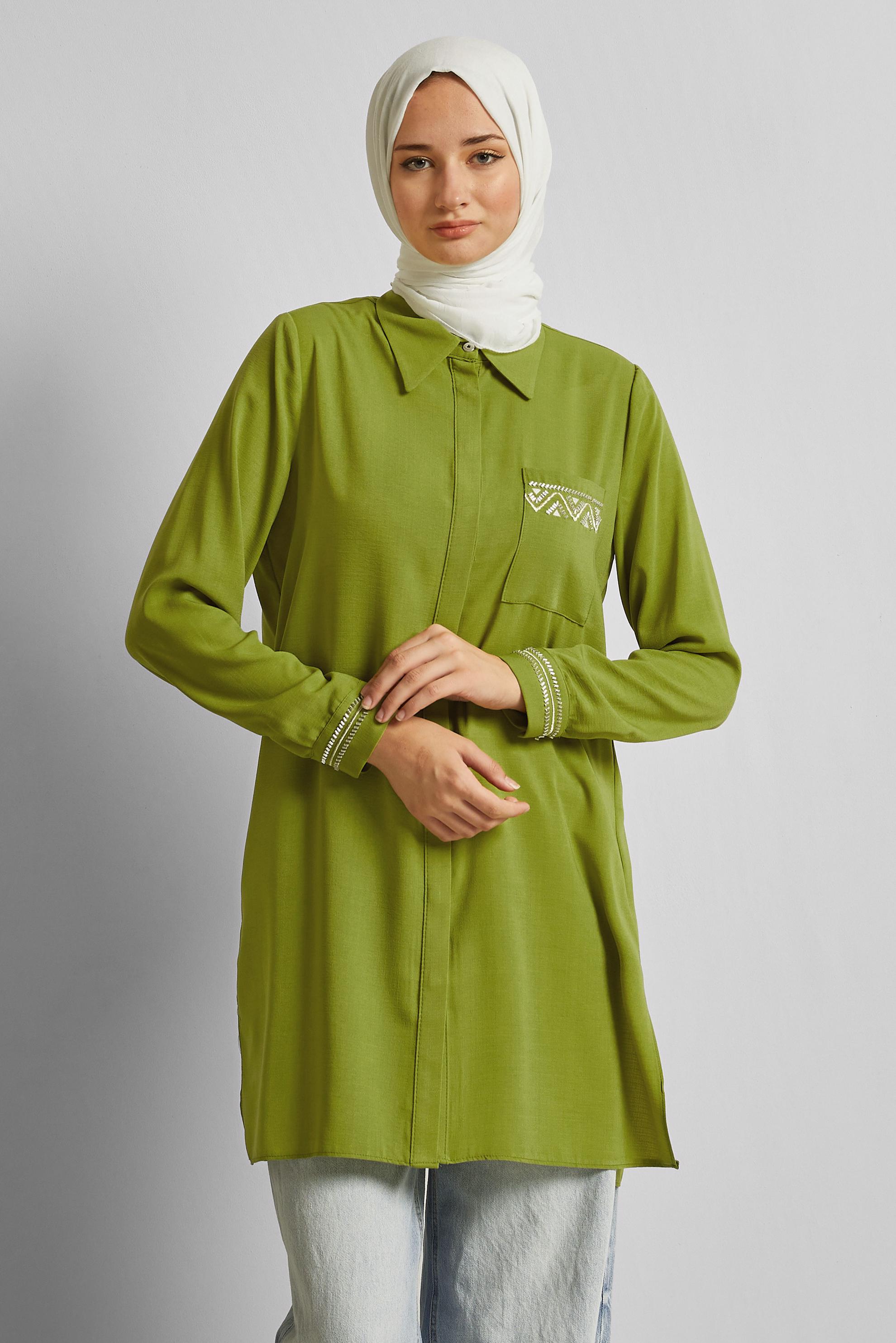 Tesettür giyim YEŞİL KETEN GÖRÜNÜMLÜ TUNİK 45621