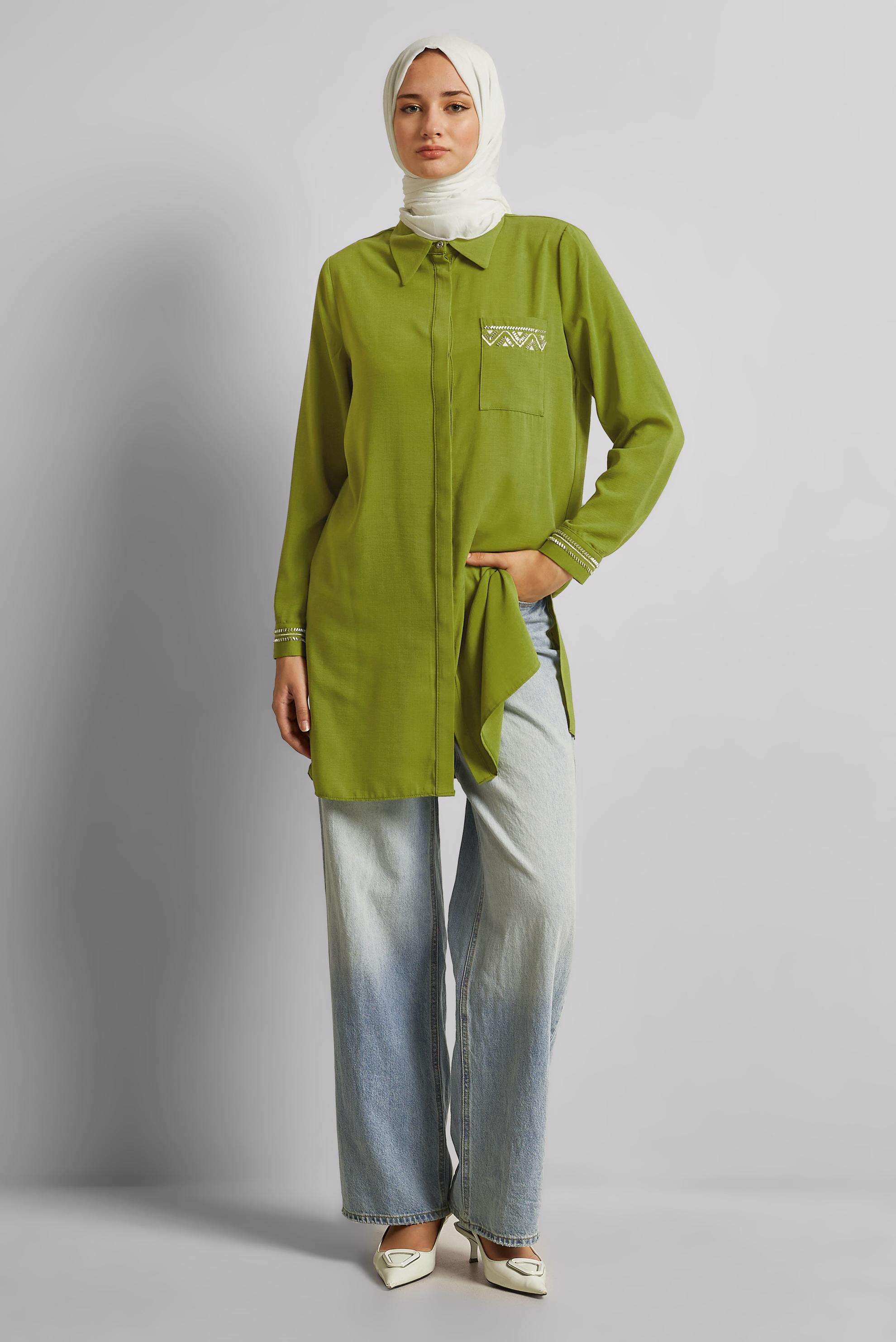Tesettür giyim YEŞİL KETEN GÖRÜNÜMLÜ TUNİK 45621