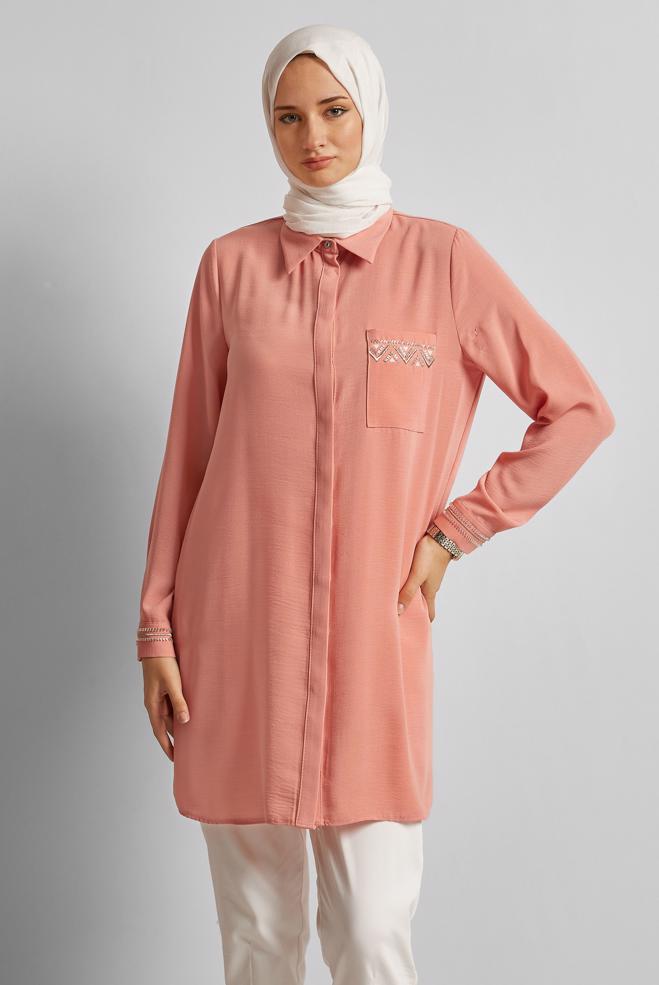 Vêtements hijab POUDRE TUNIQUE ASPECT LIN 45621 - ALVİNA