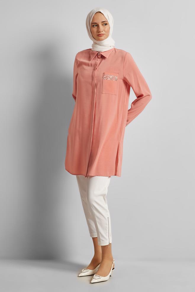 Vêtements hijab POUDRE TUNIQUE ASPECT LIN 45621 - ALVİNA