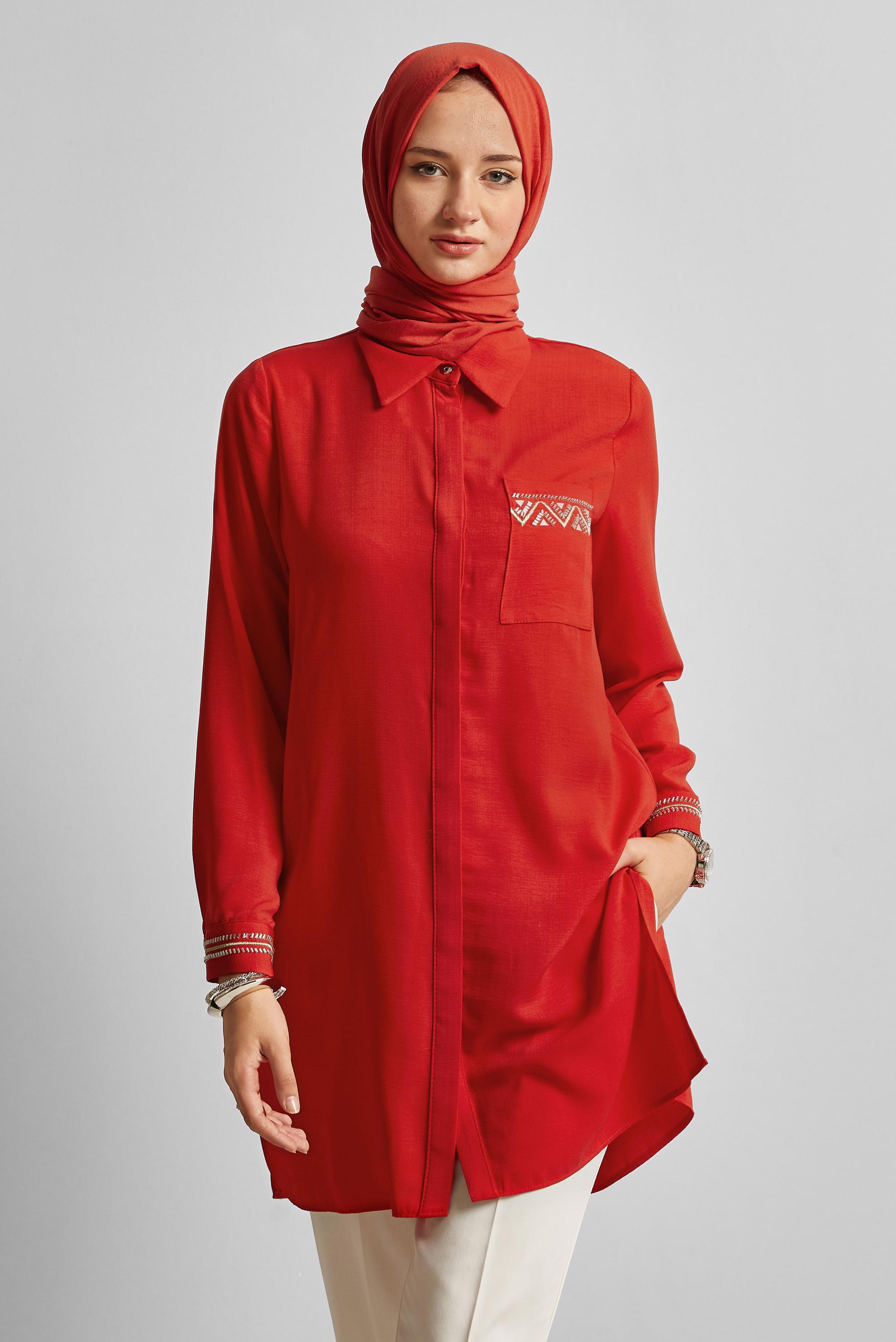 Tesettür giyim KIRMIZI KETEN GÖRÜNÜMLÜ TUNİK 45621