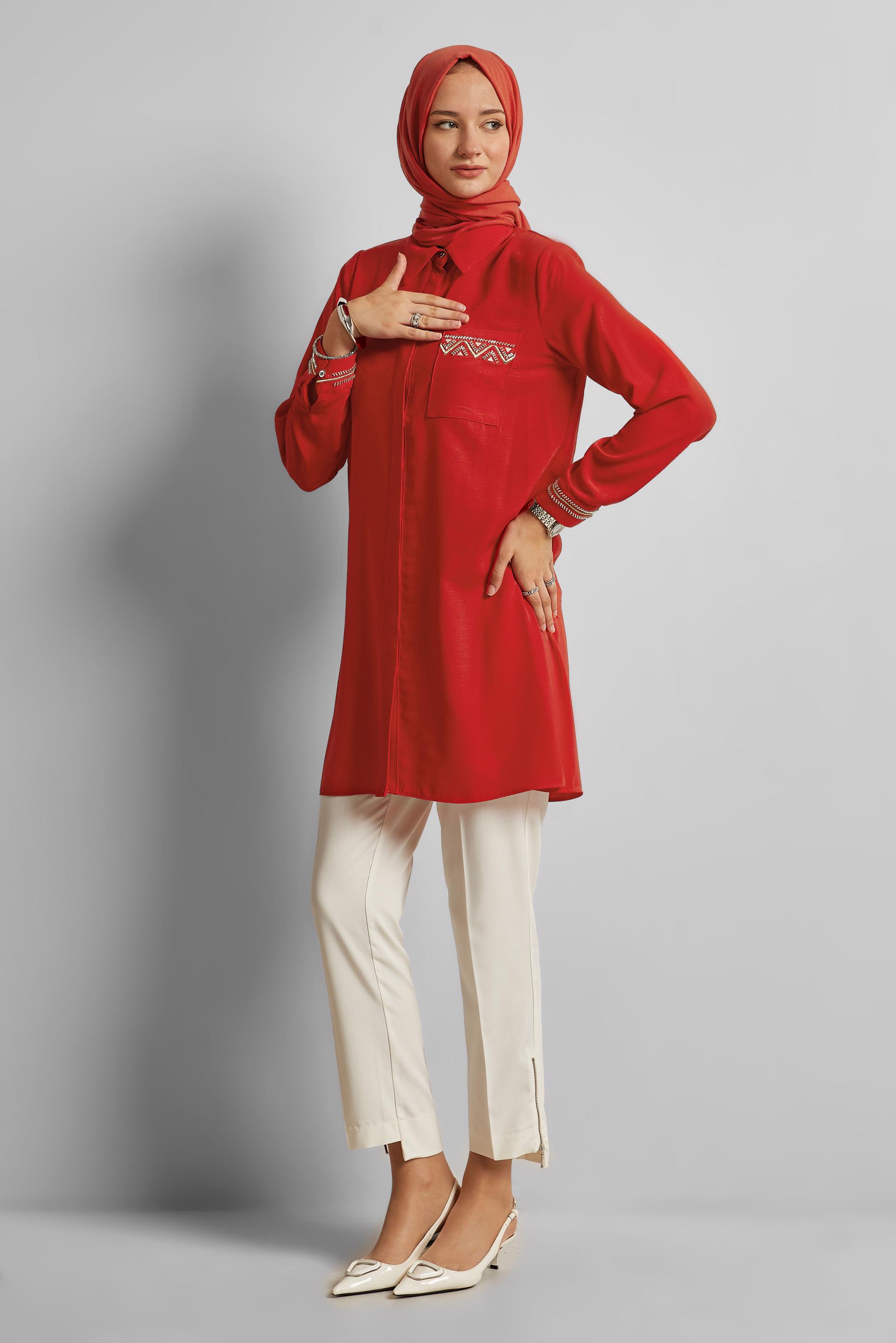 Tesettür giyim KIRMIZI KETEN GÖRÜNÜMLÜ TUNİK 45621