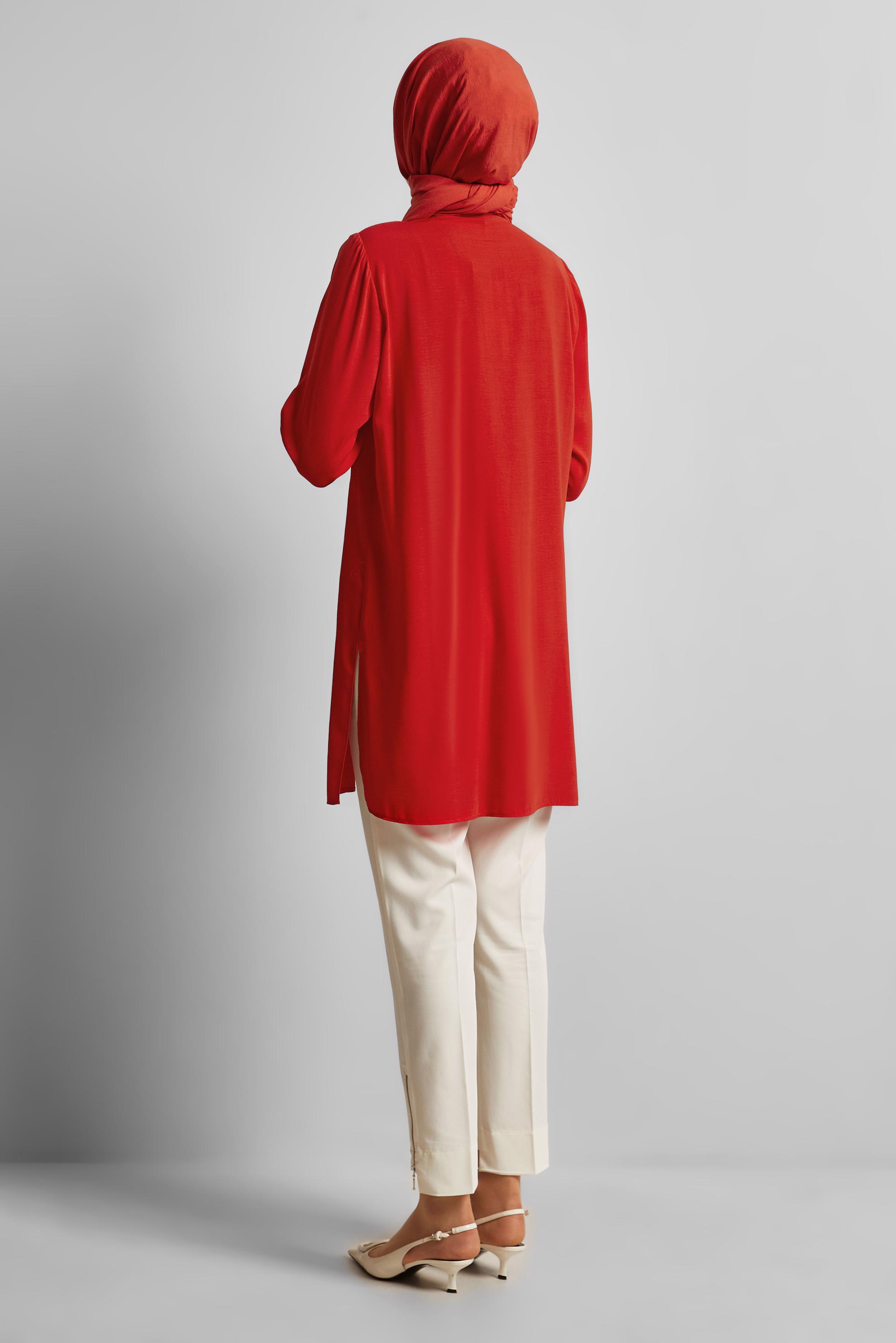 Tesettür giyim KIRMIZI KETEN GÖRÜNÜMLÜ TUNİK 45621