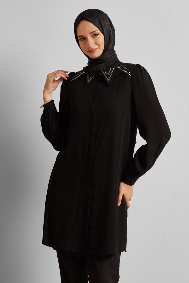 Vêtements hijab NOIR TUNIQUE BRODÉE DE PERLES 45622 - ALVİNA