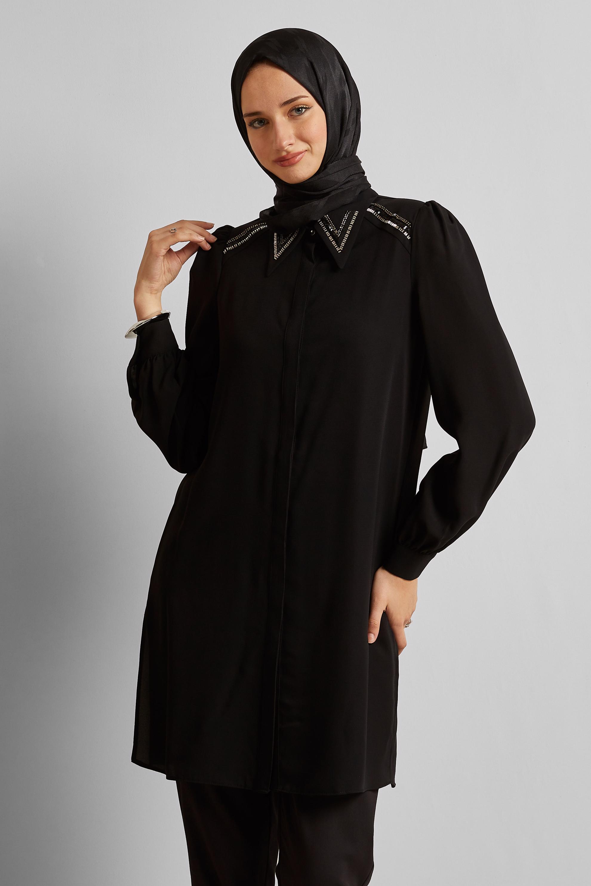 Tesettür giyim SİYAH BONCUK İŞLEMELİ TUNİK 45622