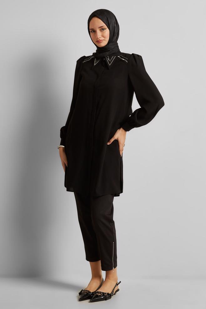 Vêtements hijab NOIR TUNIQUE BRODÉE DE PERLES 45622 - ALVİNA