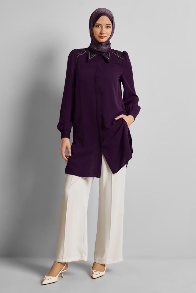 Tesettür giyim MÜRDÜM BONCUK İŞLEMELİ TUNİK 45622 - ALVİNA