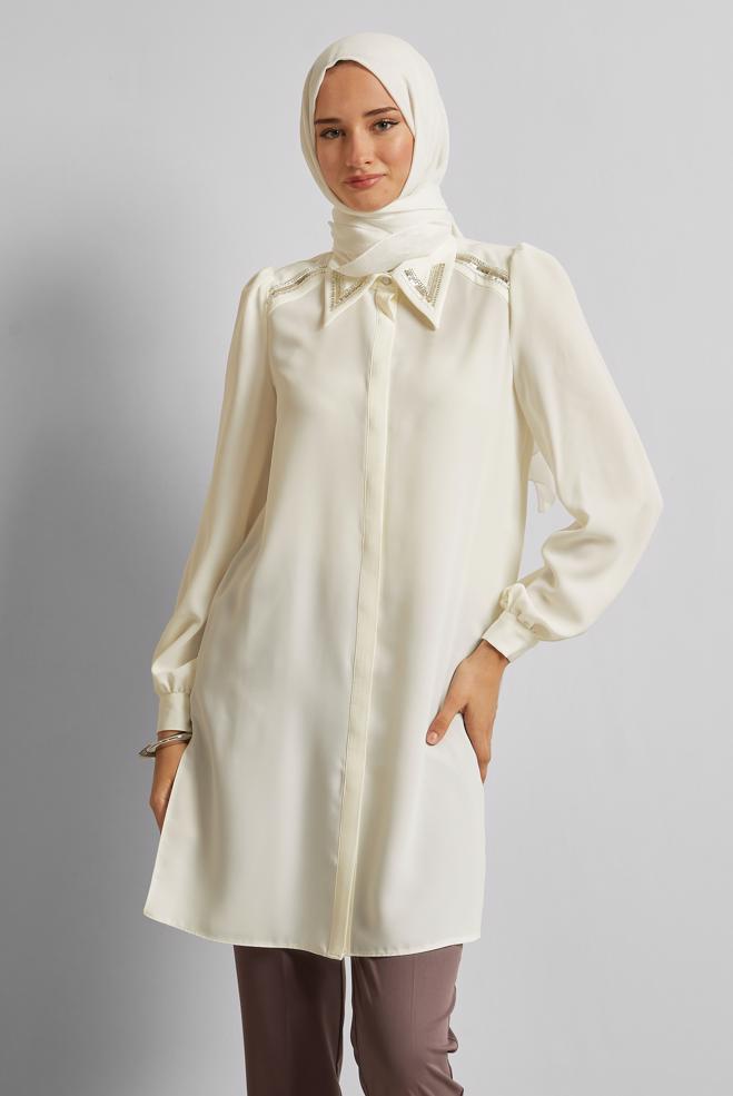 Vêtements hijab BLANC TUNIQUE BRODÉE DE PERLES 45622 - ALVİNA