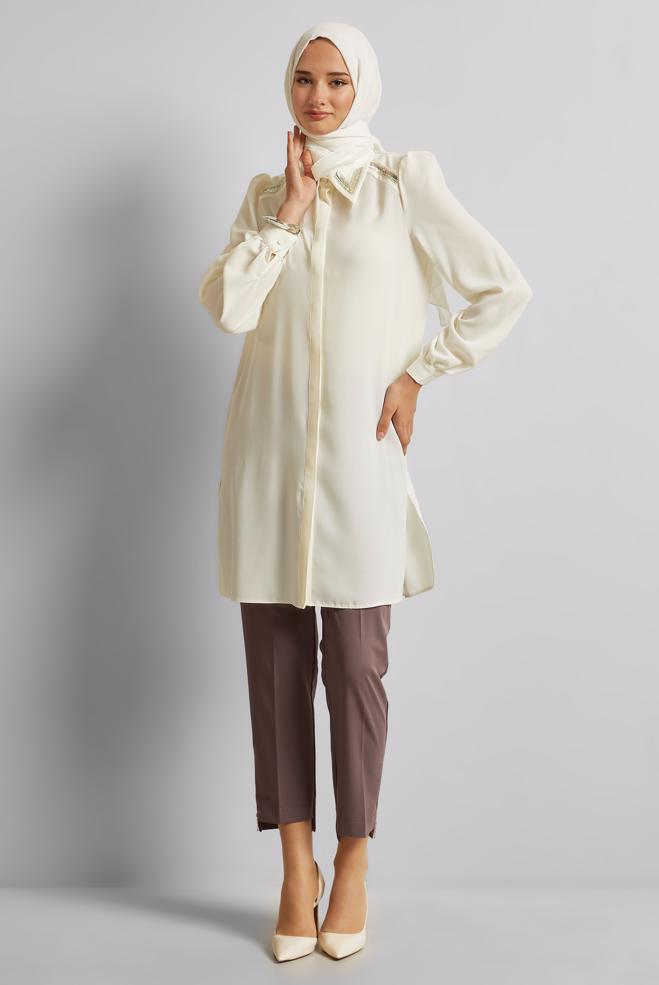 Vêtements hijab BLANC TUNIQUE BRODÉE DE PERLES 45622 - ALVİNA