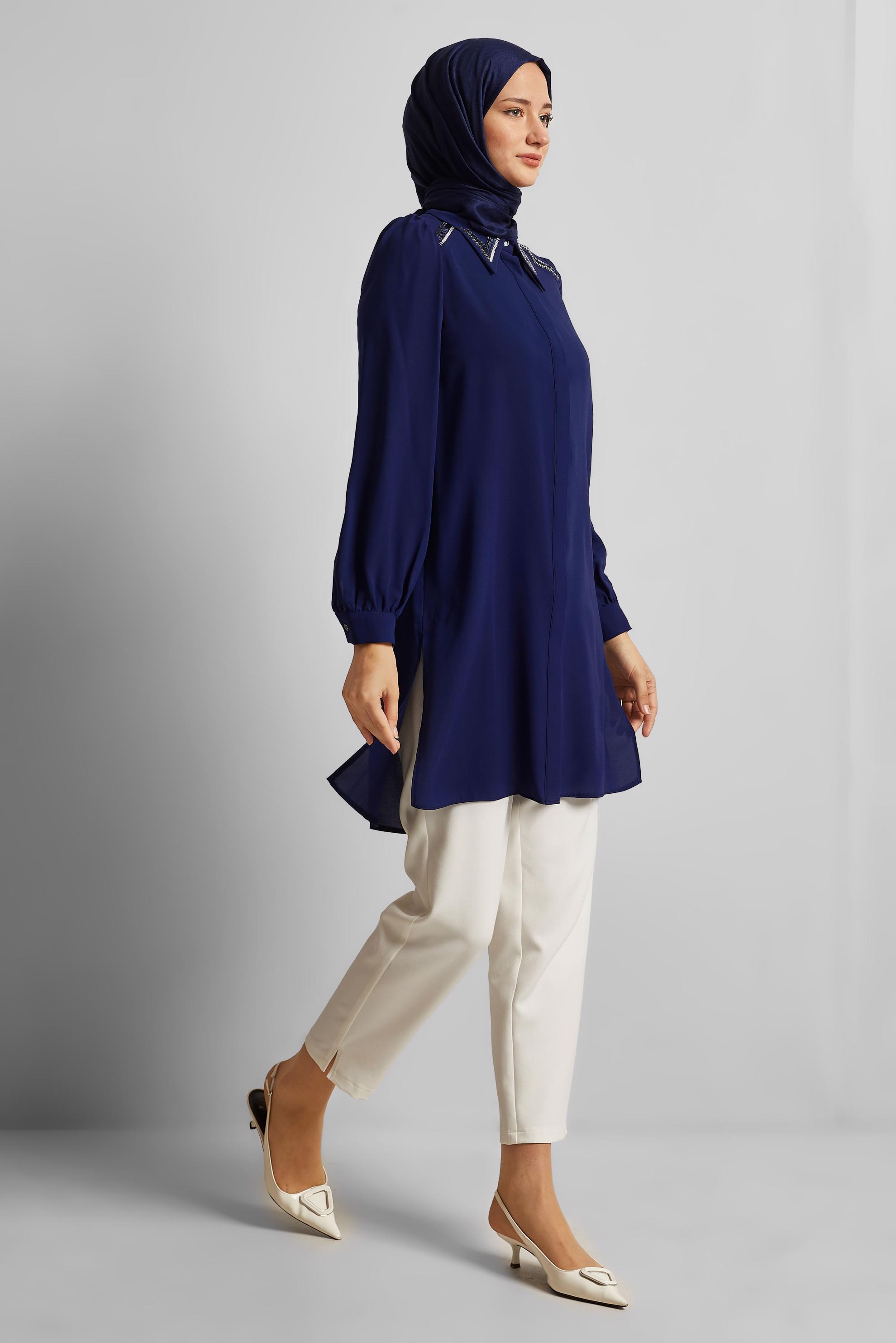 Tesettür giyim LACİVERT BONCUK İŞLEMELİ TUNİK 45622