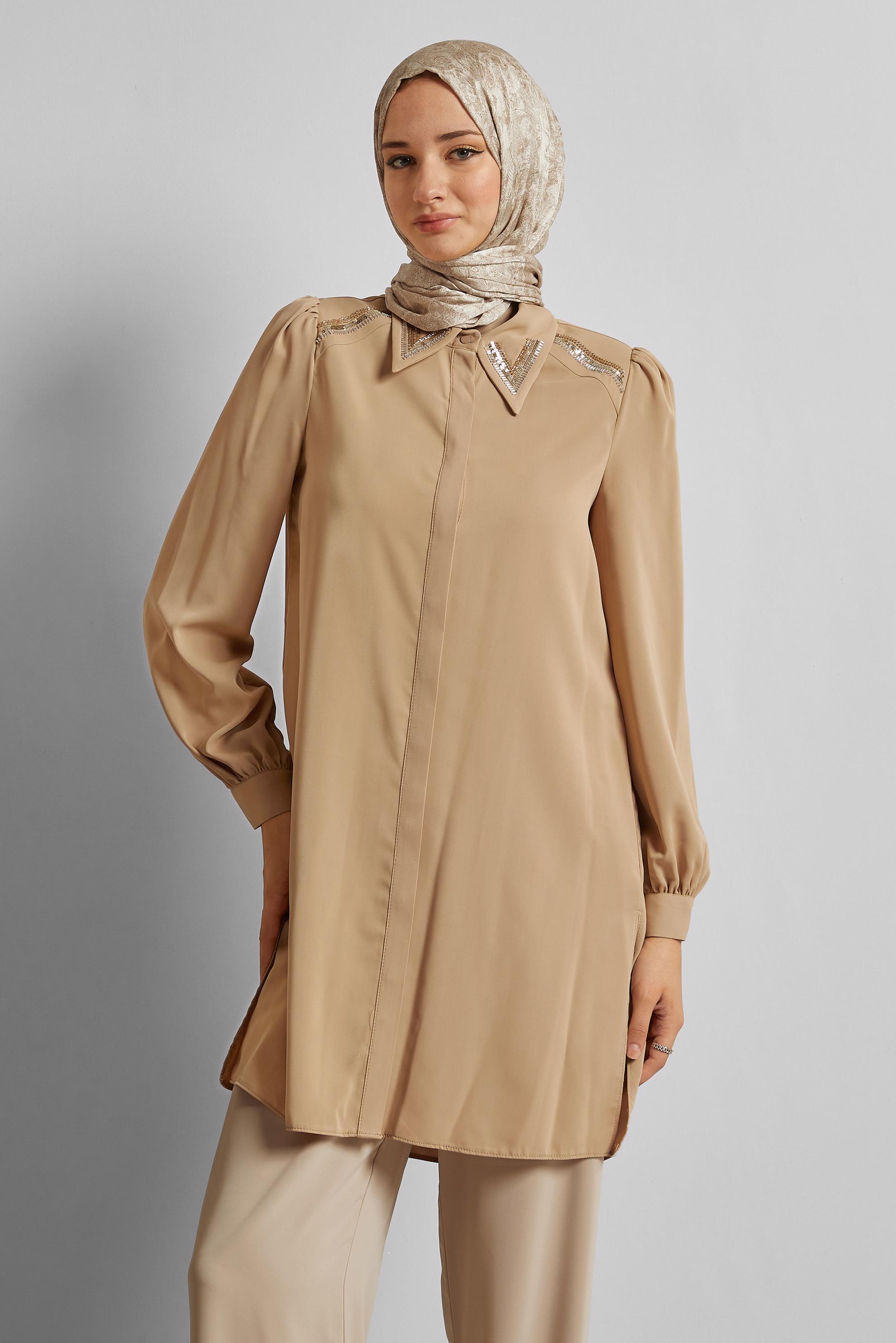 Tesettür giyim KAHVE BONCUK İŞLEMELİ TUNİK 45622