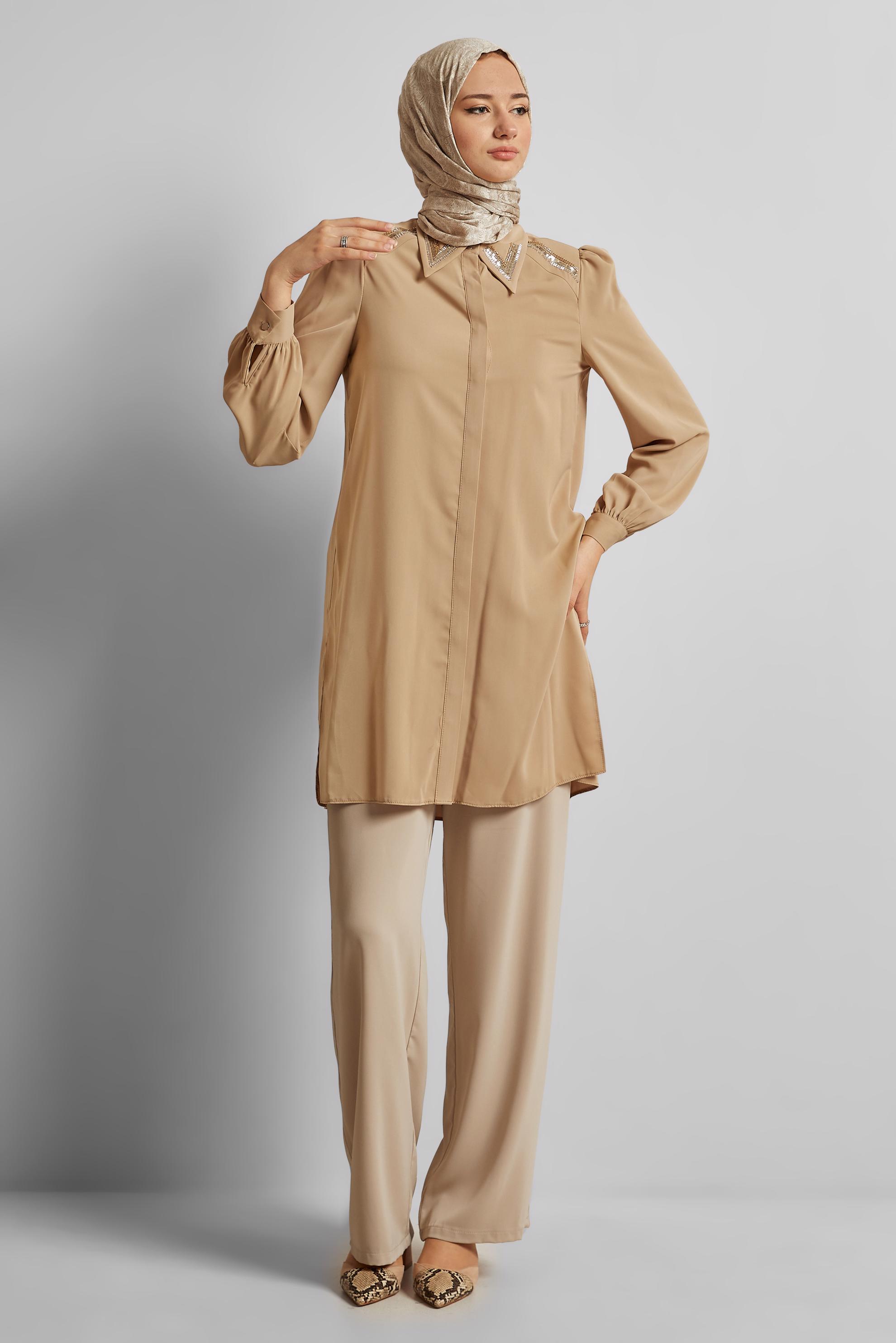 Tesettür giyim KAHVE BONCUK İŞLEMELİ TUNİK 45622