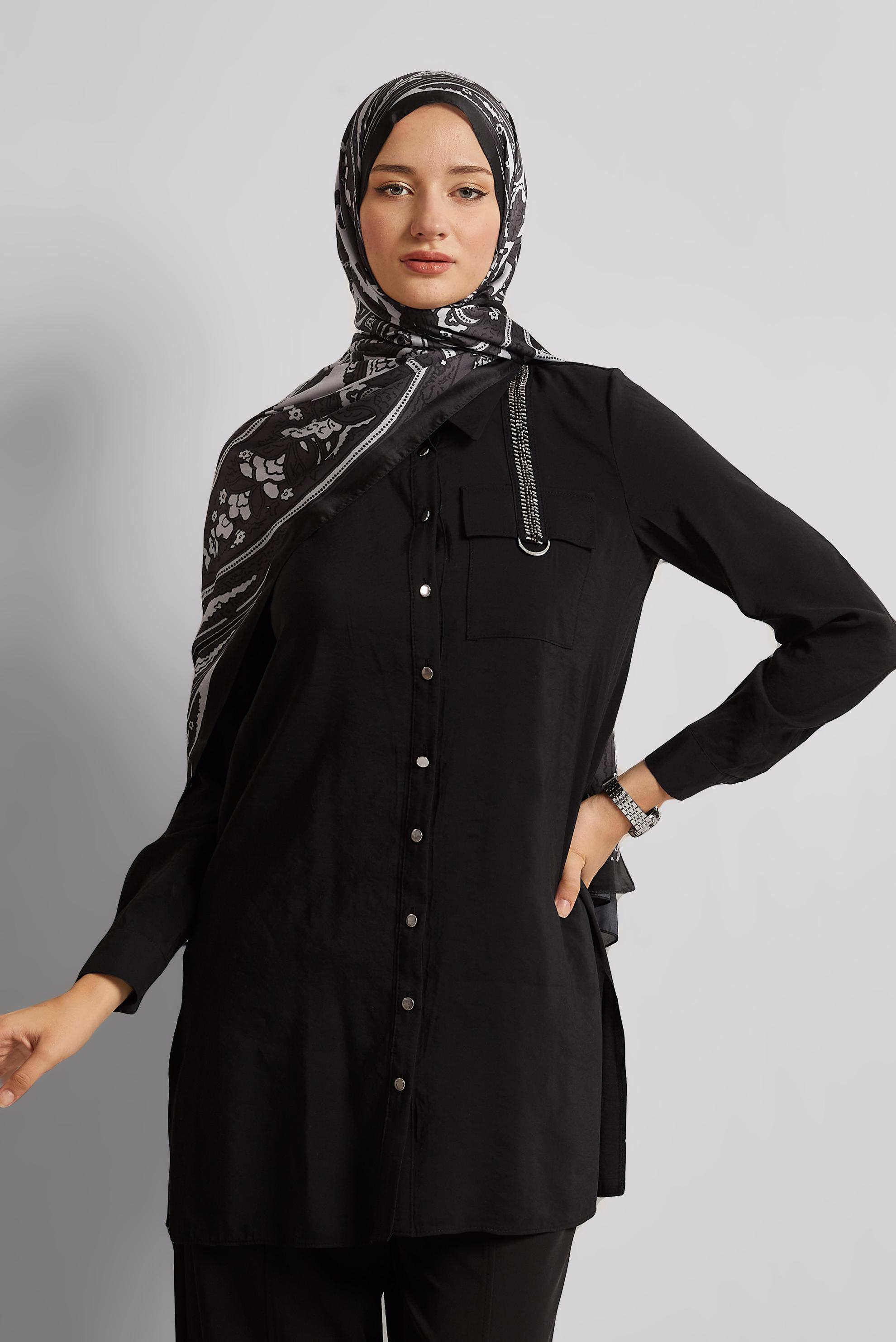 Tesettür giyim SİYAH GÖMLEK YAKA TUNİK 45623