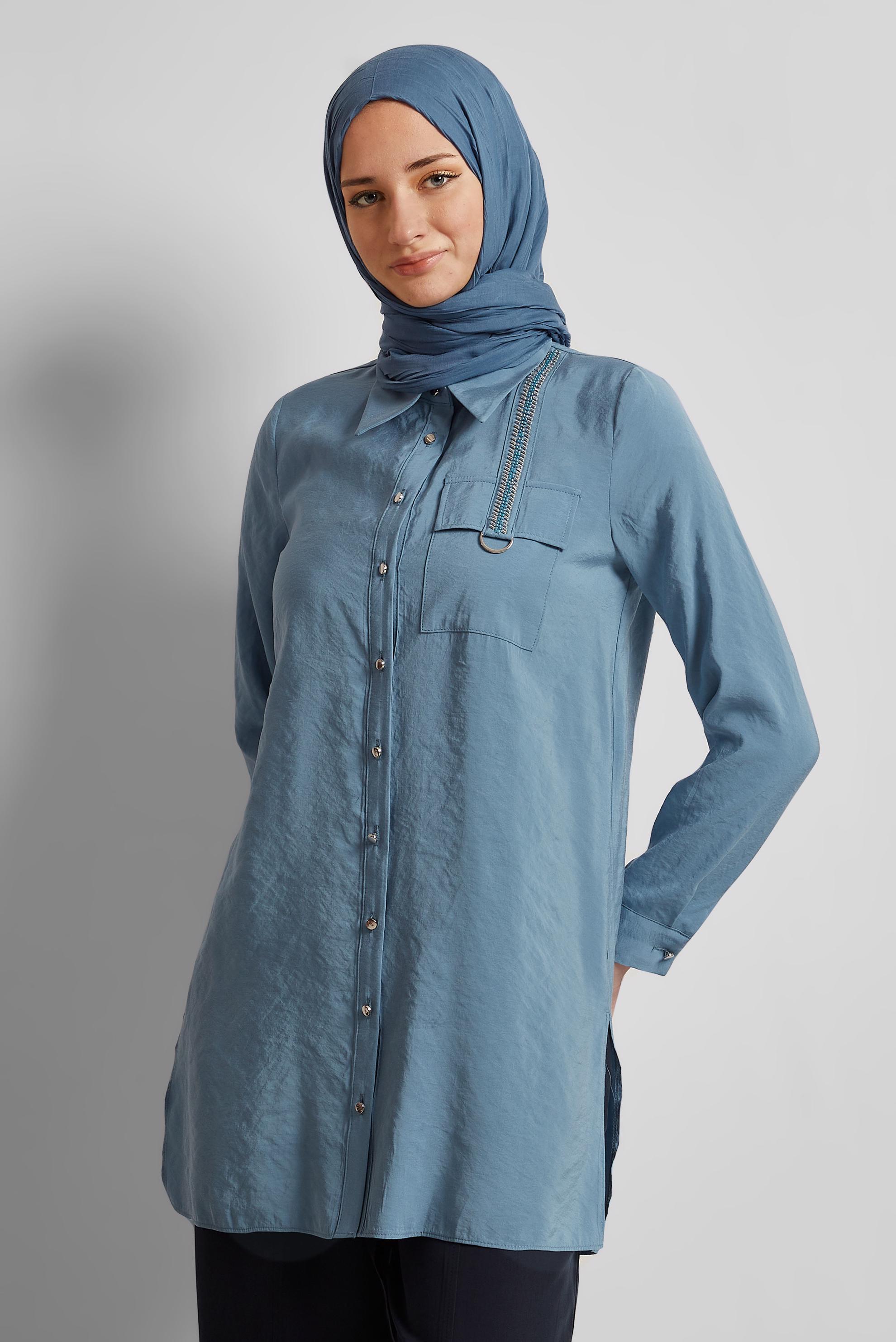 Tesettür giyim MAVİ GÖMLEK YAKA TUNİK 45623