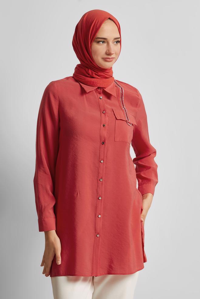 Vêtements hijab ROUGE TUNIQUE COL CHEMISE 45623 - ALVİNA