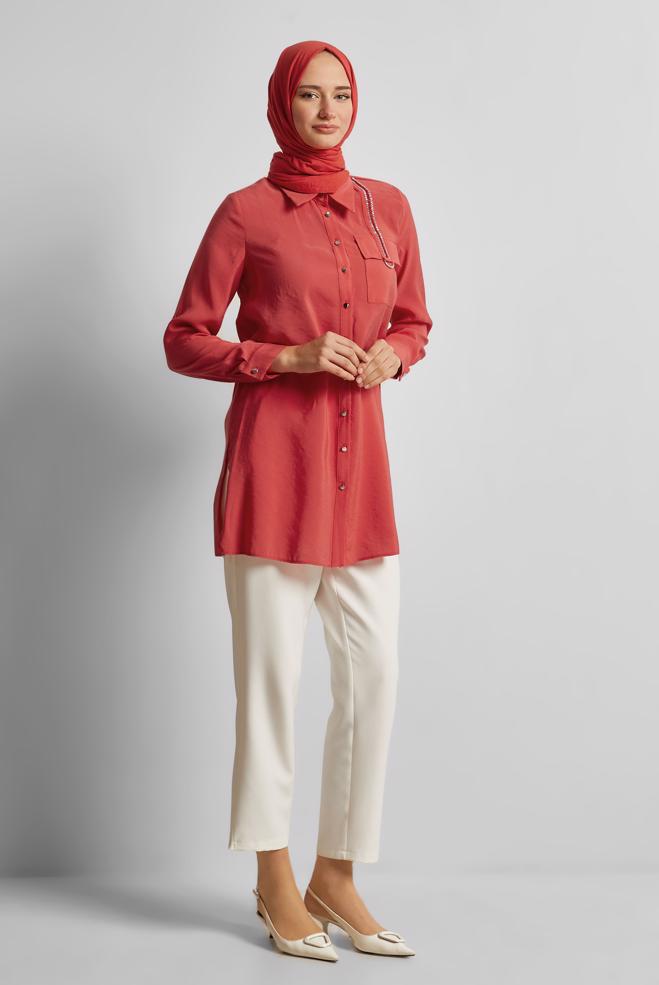Vêtements hijab ROUGE TUNIQUE COL CHEMISE 45623 - ALVİNA