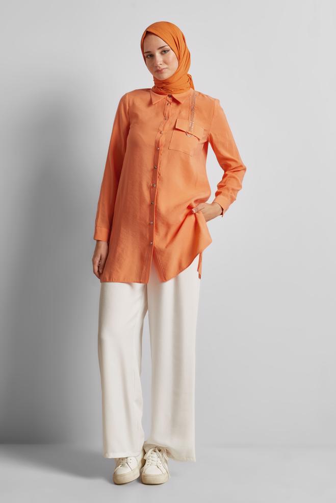 Vêtements hijab ORANGE TUNIQUE COL CHEMISE 45623 - ALVİNA