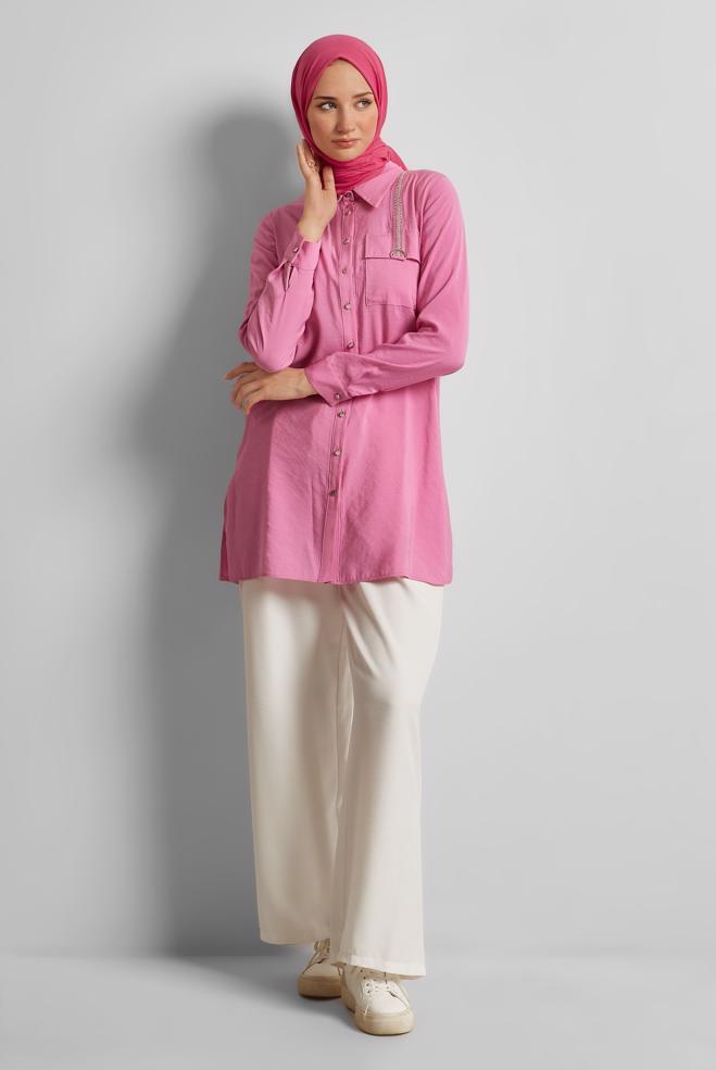 Tesettür giyim PEMBE GÖMLEK YAKA TUNİK 45623 - ALVİNA