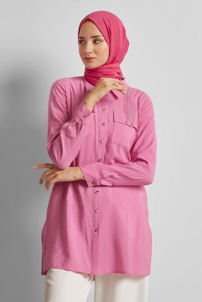 Tesettür giyim PEMBE GÖMLEK YAKA TUNİK 45623 - ALVİNA