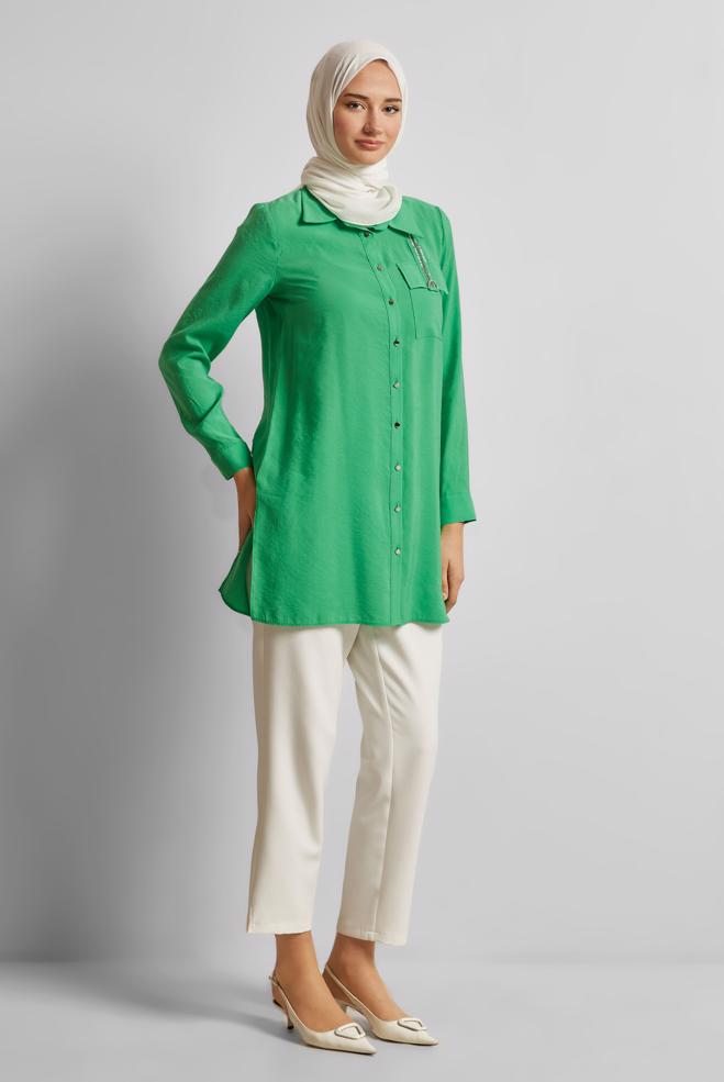 Vêtements hijab VERT TUNIQUE COL CHEMISE 45623 - ALVİNA