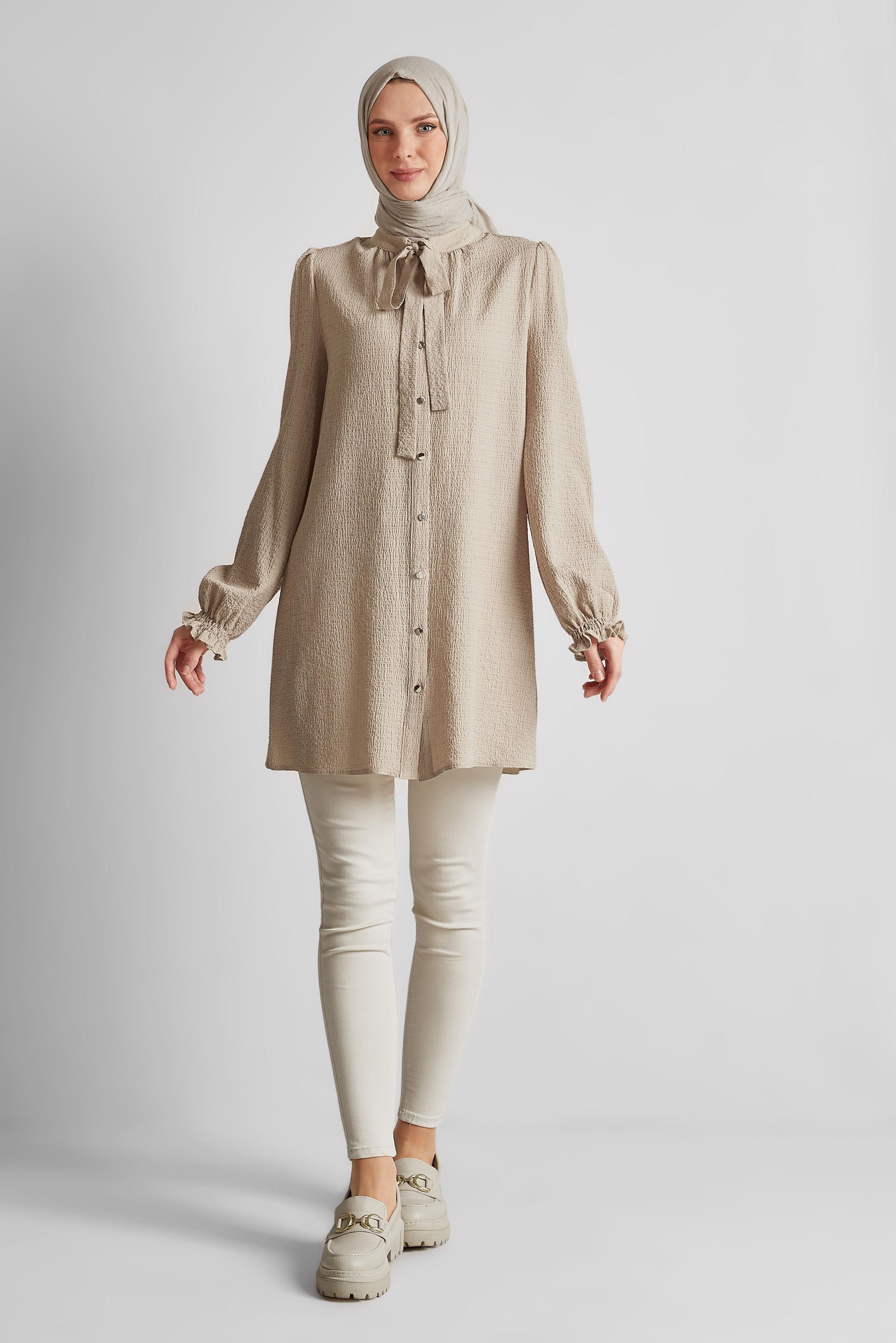 Tesettür giyim BEJ YAKASI BAĞLAMALI TUNİK 45625