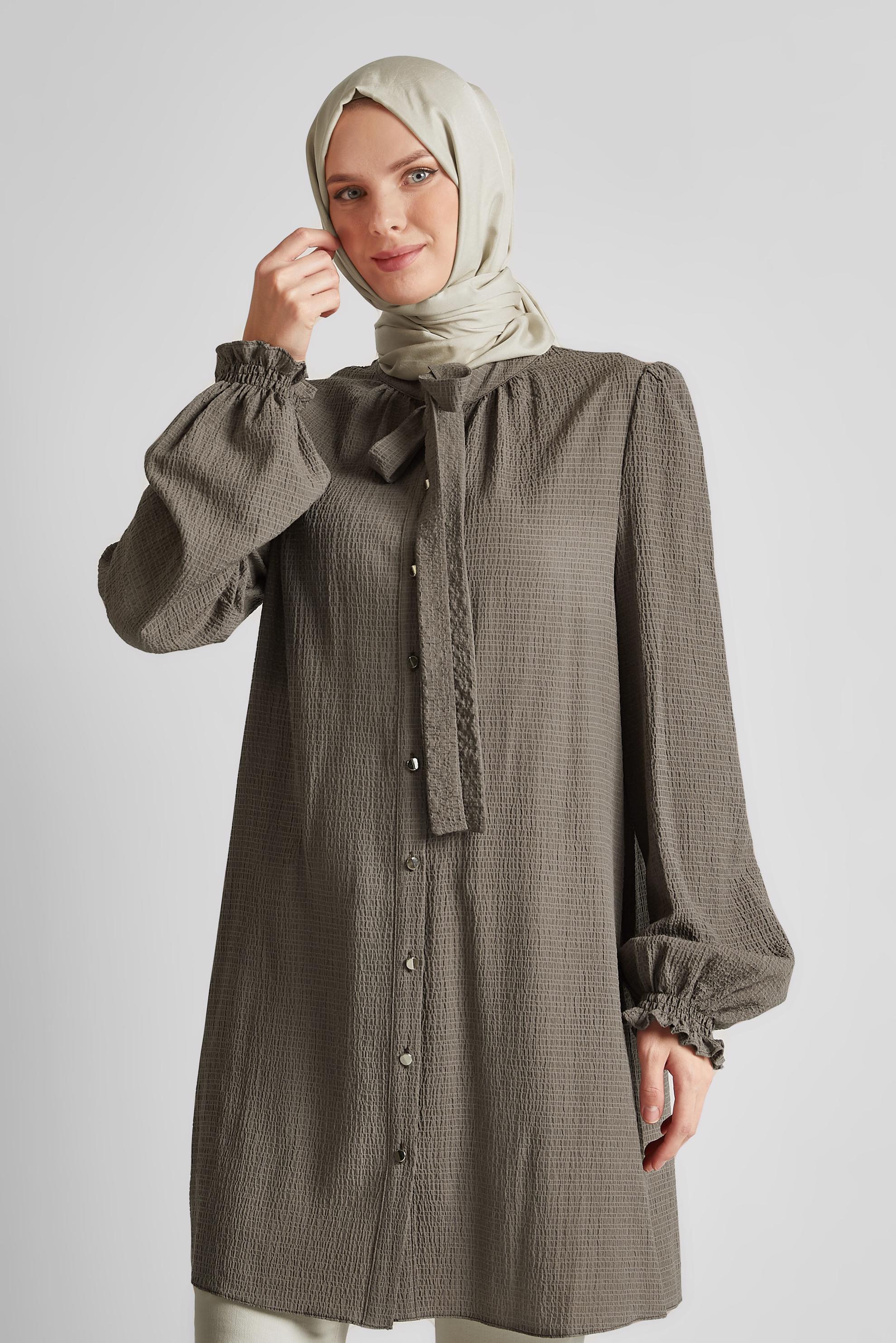 Tesettür giyim KAHVE YAKASI BAĞLAMALI TUNİK 45625