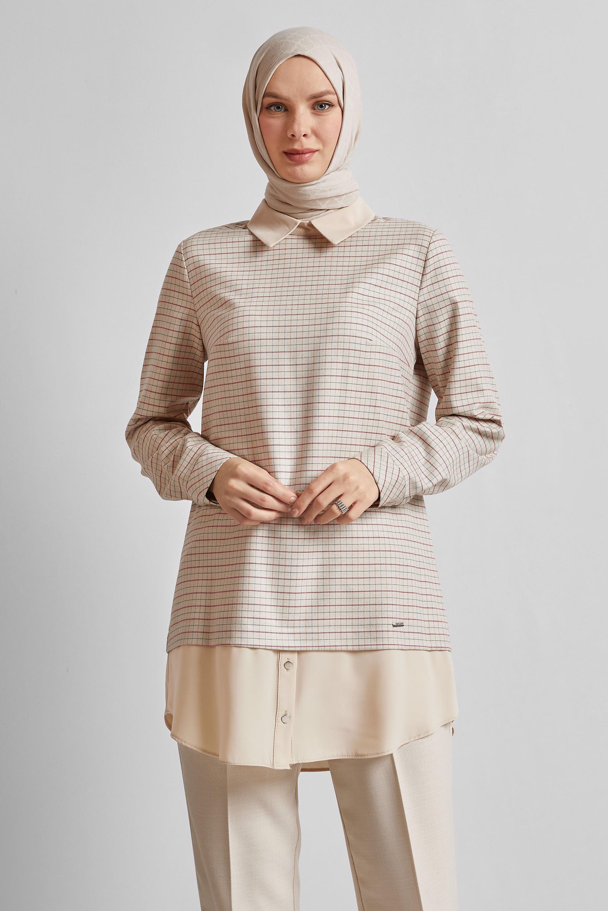 Tesettür giyim BEJ GÖMLEK GARNİLİ TUNİK 45637