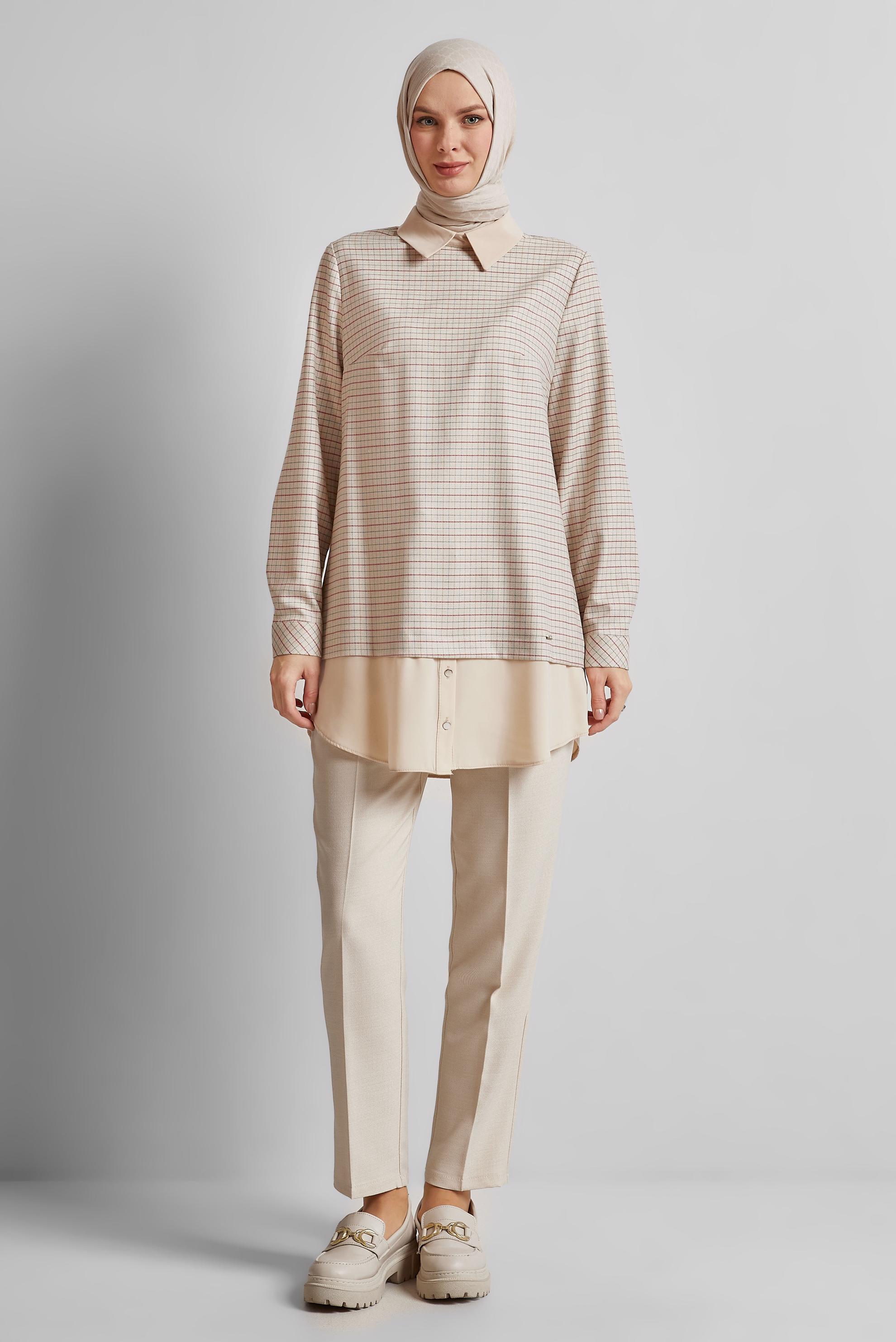 Tesettür giyim BEJ GÖMLEK GARNİLİ TUNİK 45637