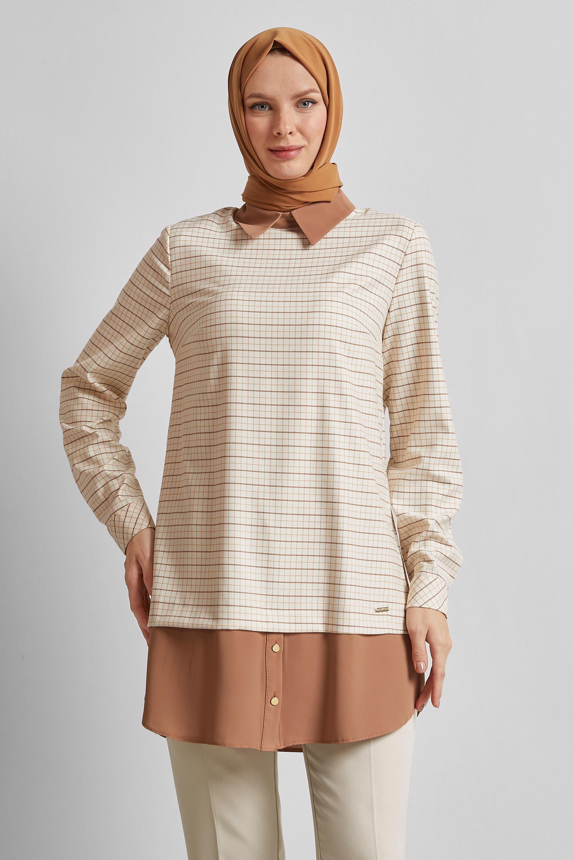 Tesettür giyim BEJ GÖMLEK GARNİLİ TUNİK 45637