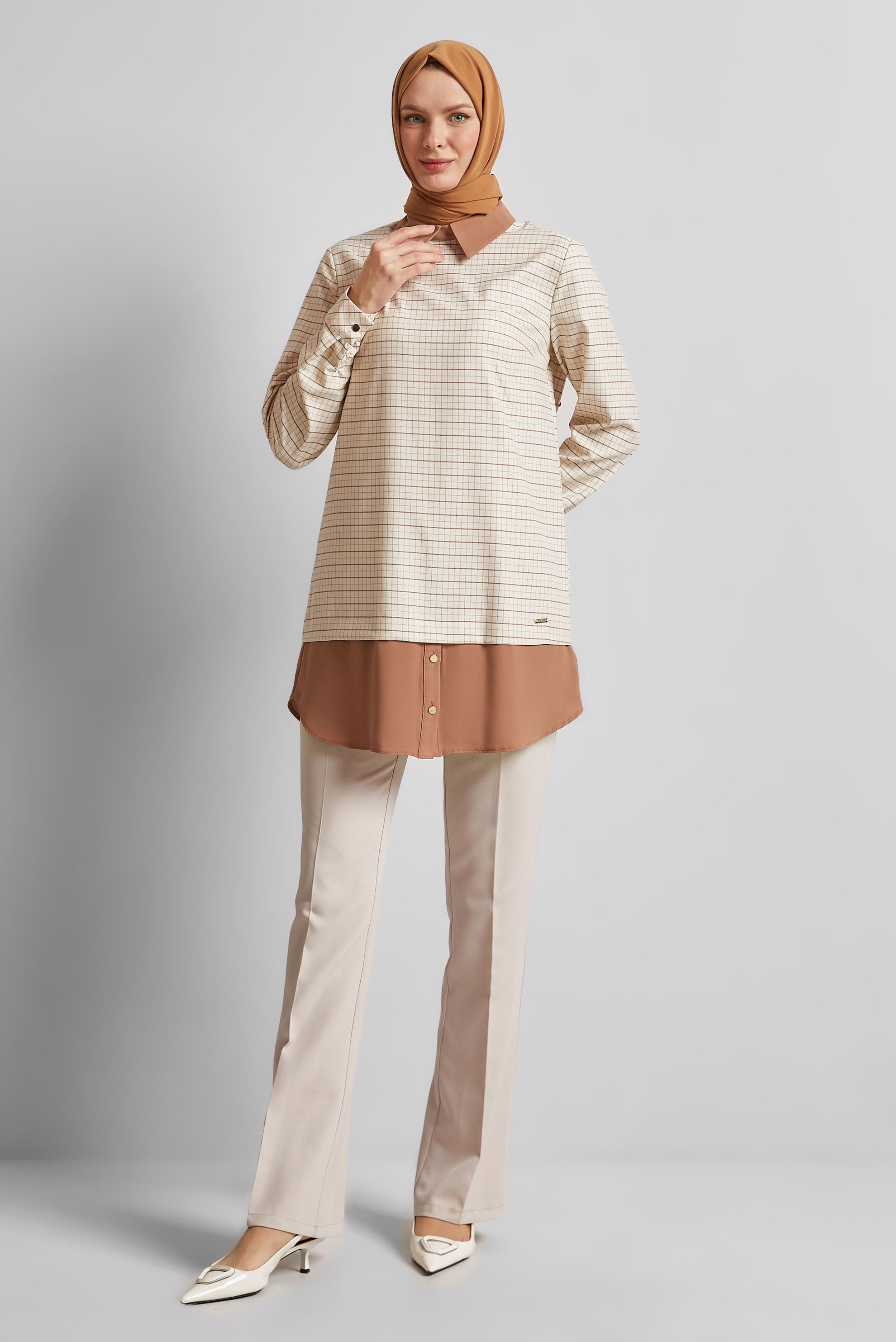 Tesettür giyim BEJ GÖMLEK GARNİLİ TUNİK 45637