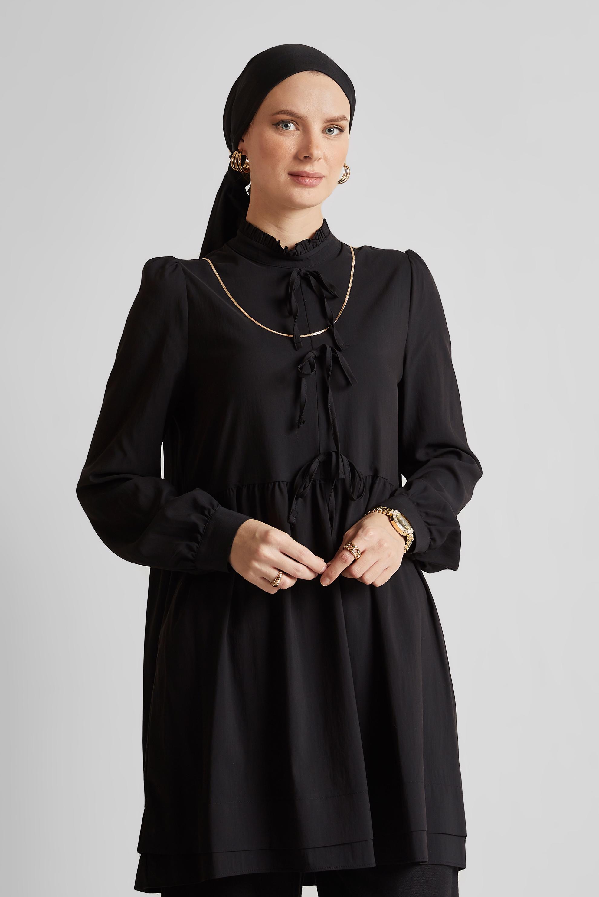 Tesettür giyim SİYAH BAĞCIK DETAYLI TUNİK 45644