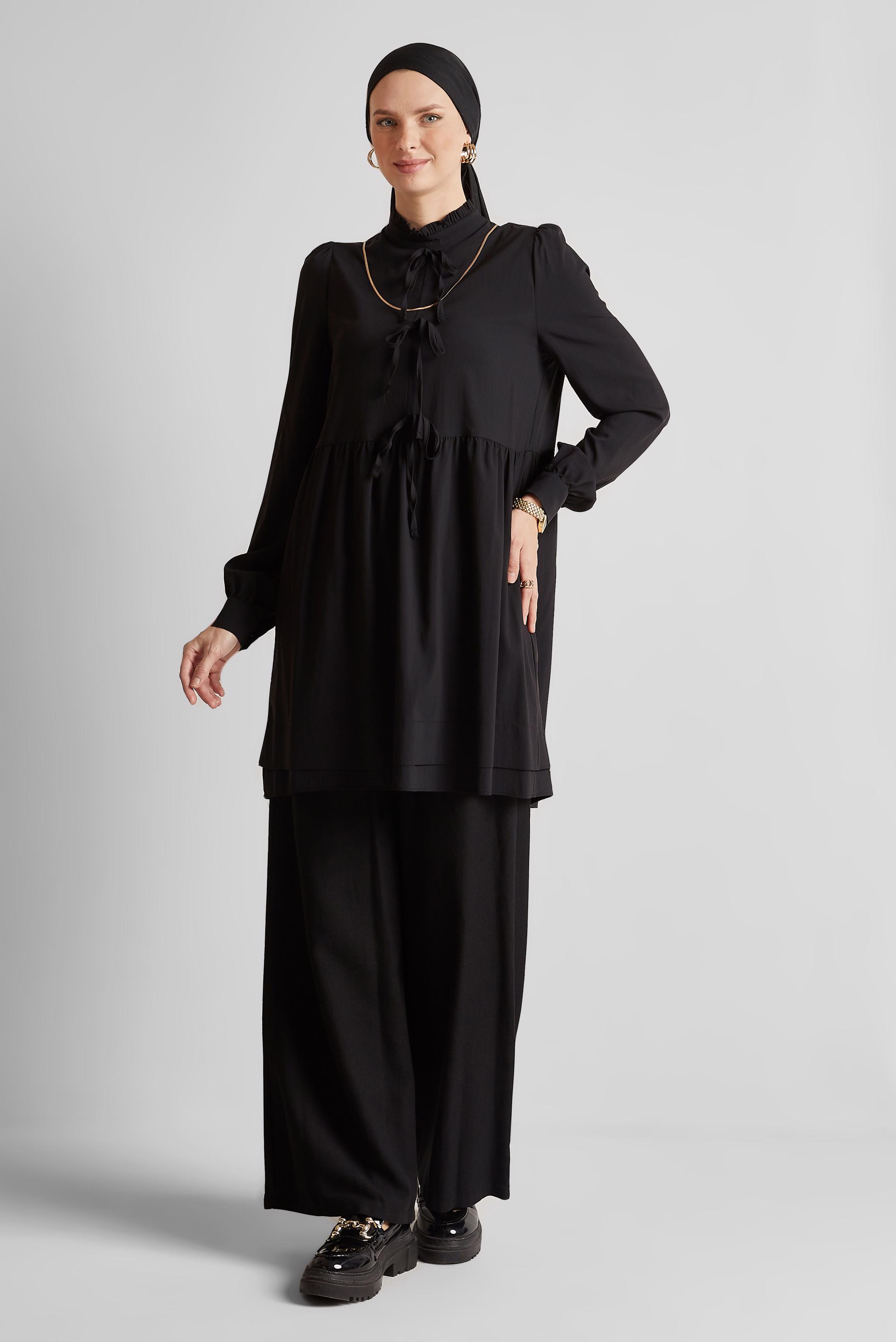 Tesettür giyim SİYAH BAĞCIK DETAYLI TUNİK 45644
