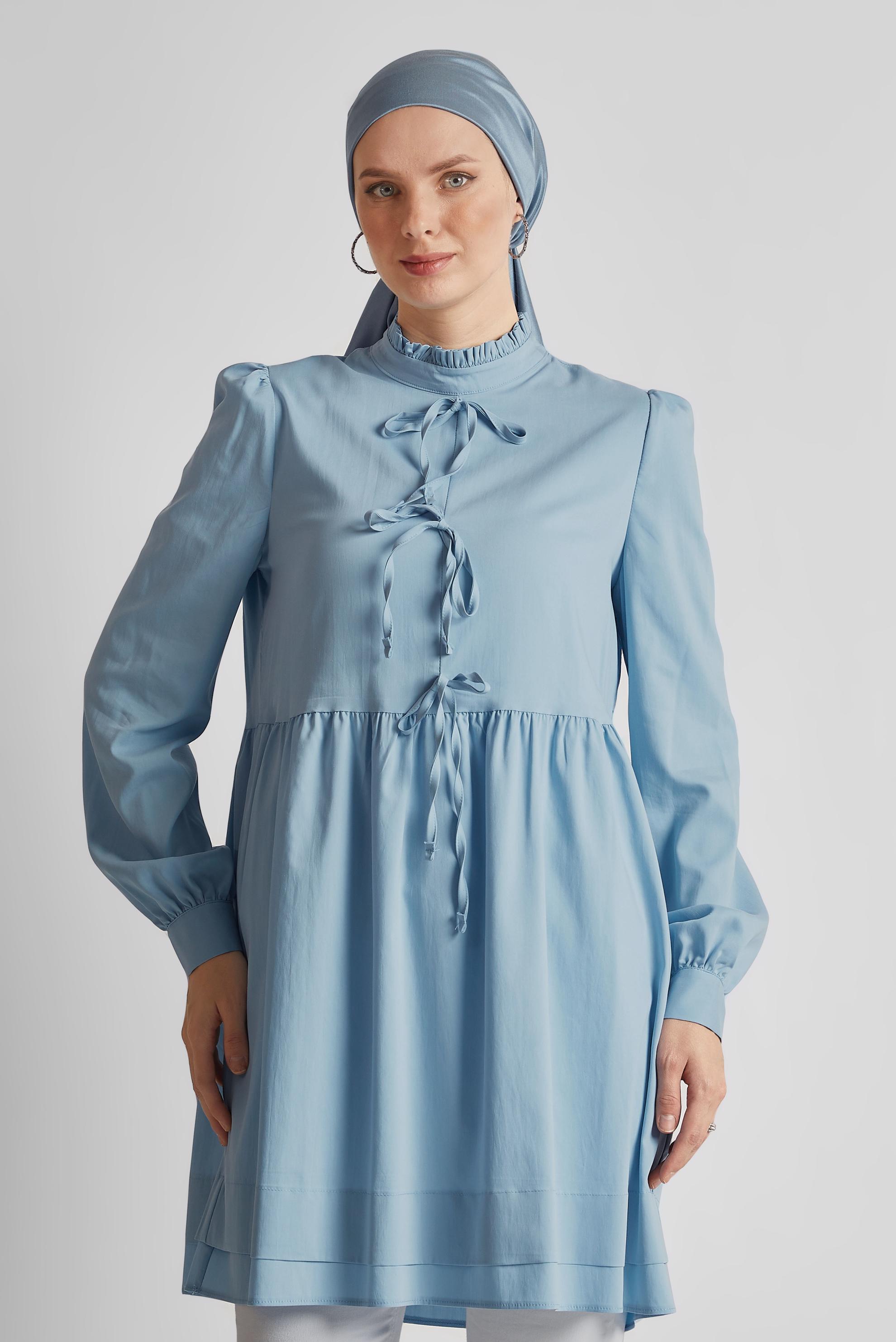 Tesettür giyim MAVİ BAĞCIK DETAYLI TUNİK 45644