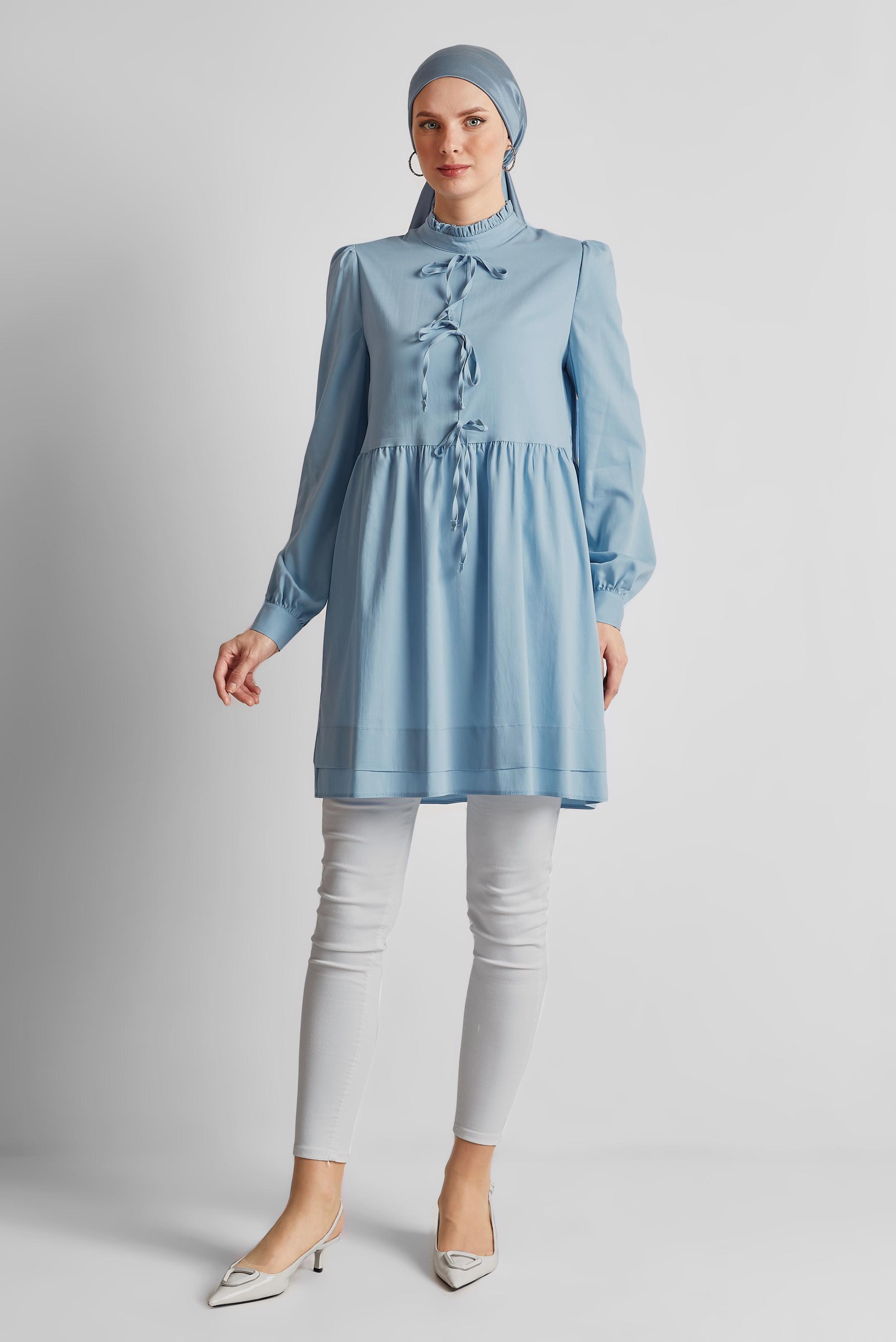 Tesettür giyim MAVİ BAĞCIK DETAYLI TUNİK 45644