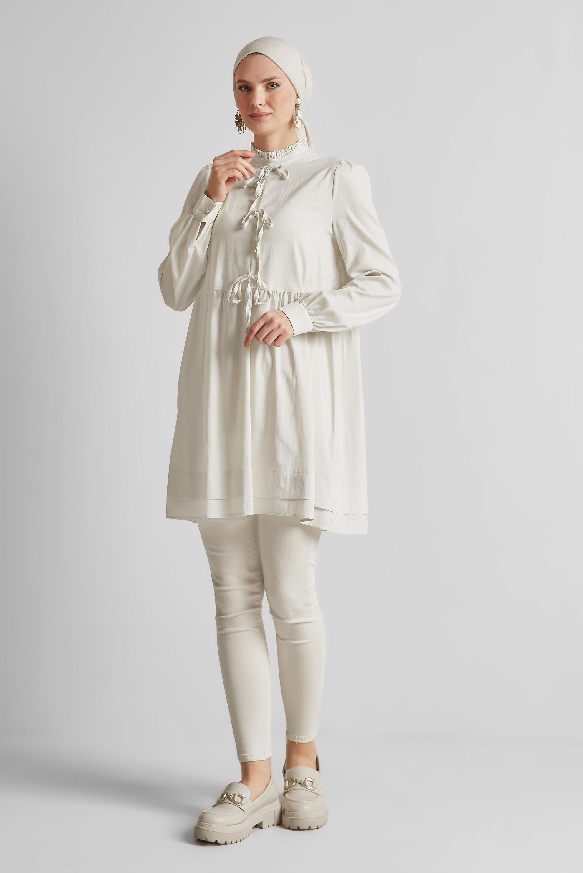 Tesettür giyim EKRU BAĞCIK DETAYLI TUNİK 45644