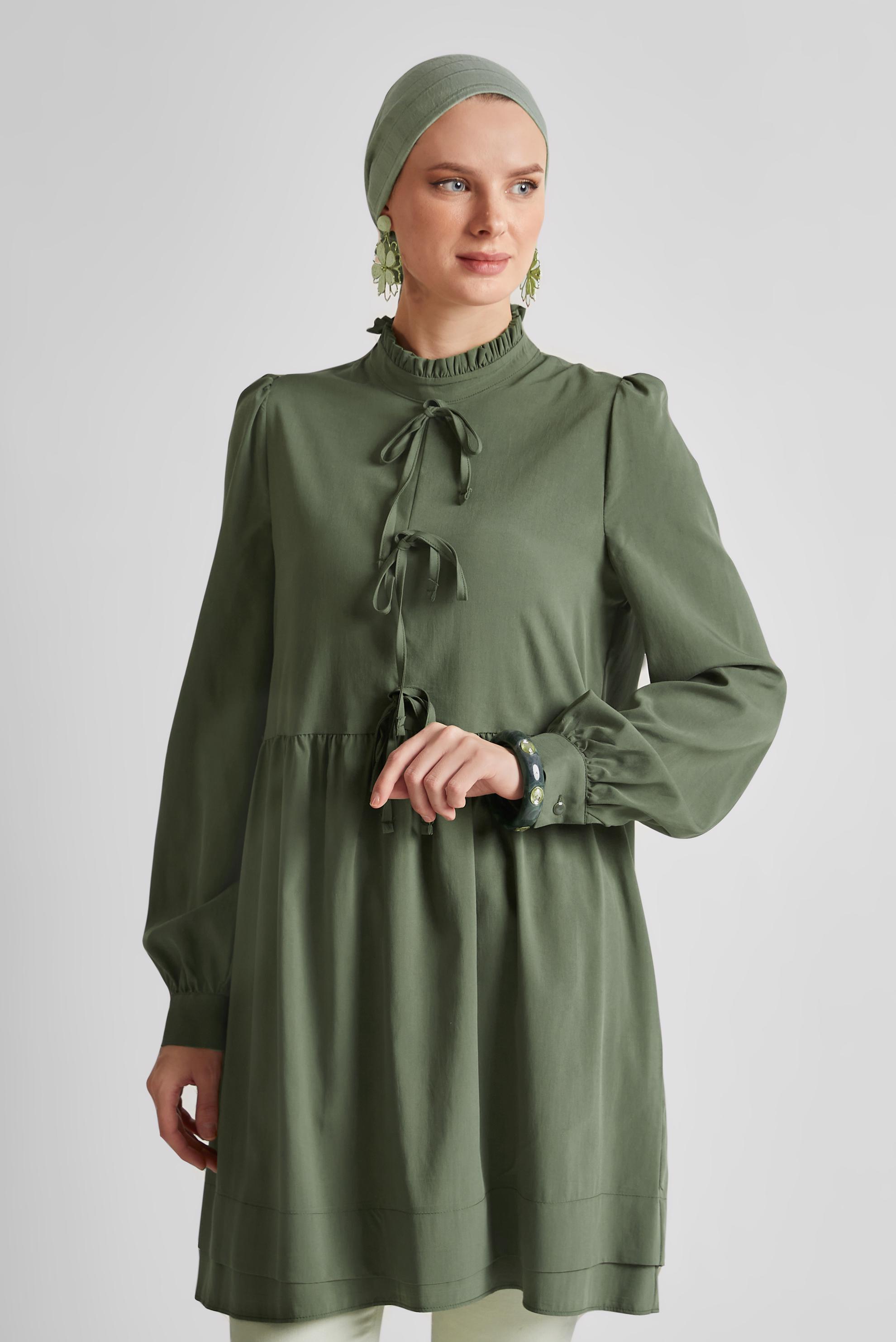 Tesettür giyim HAKİ BAĞCIK DETAYLI TUNİK 45644