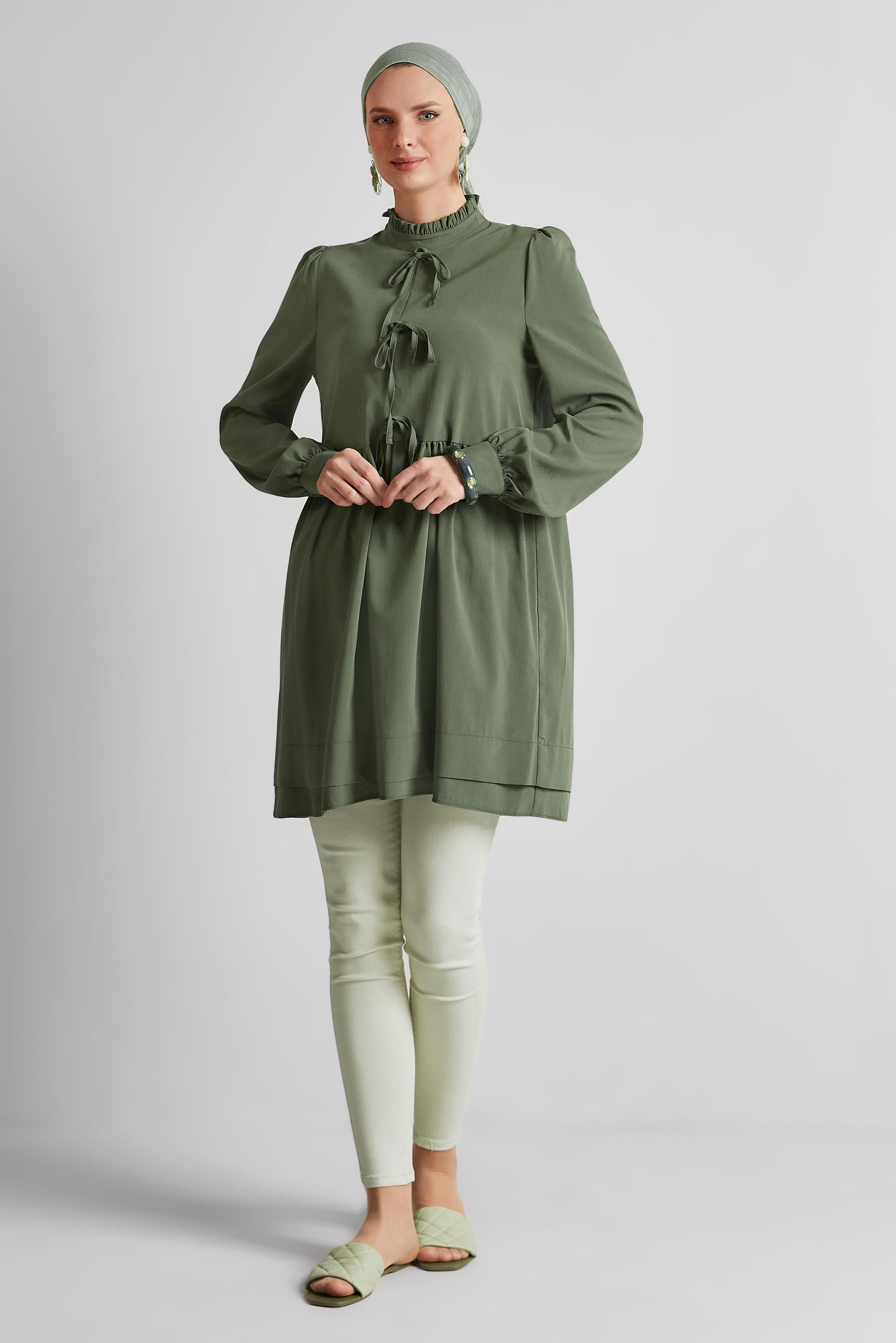 Tesettür giyim HAKİ BAĞCIK DETAYLI TUNİK 45644